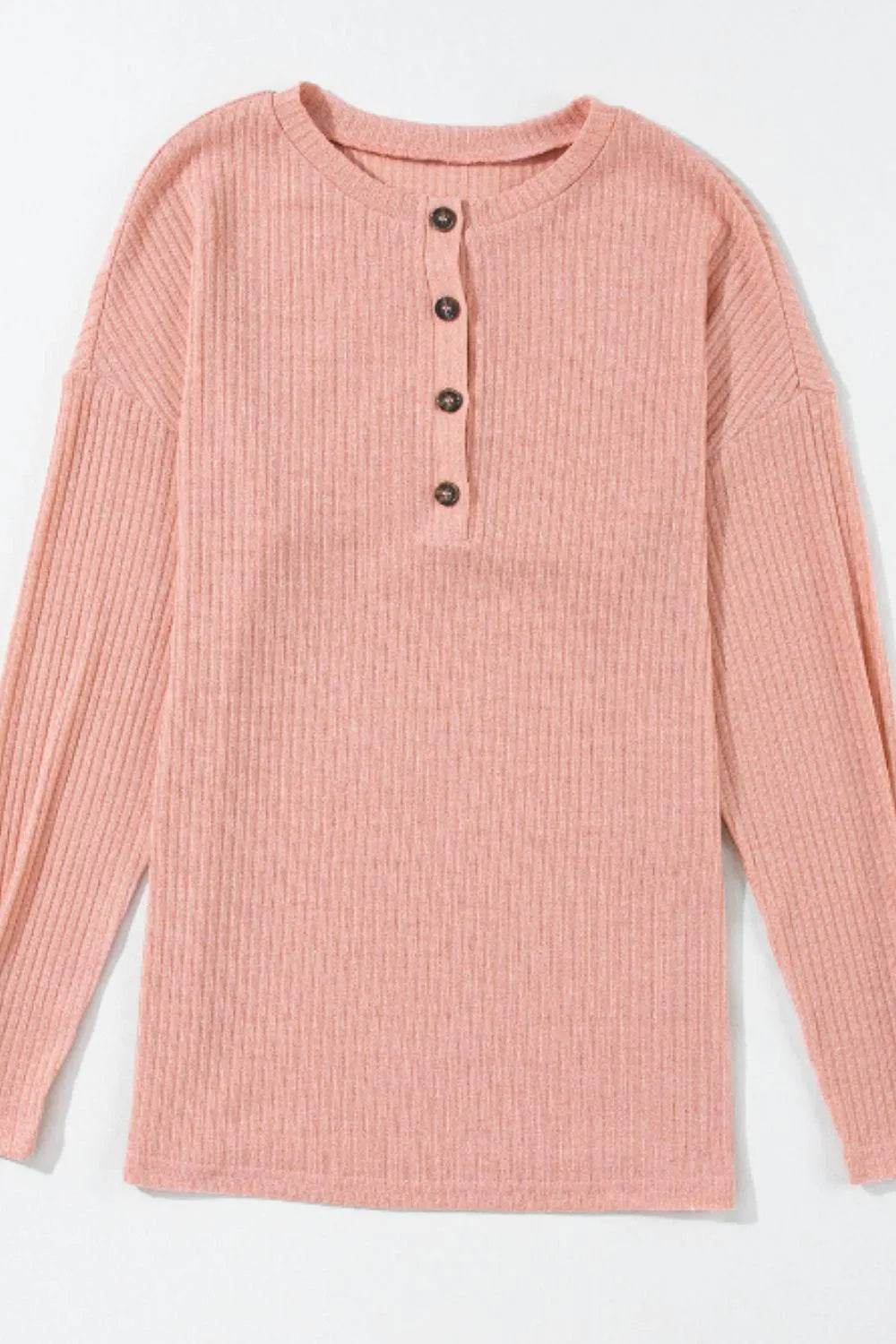 Quarter Button Round Neck Dropped Shoulder Knit Top - Bona Fide Fashion