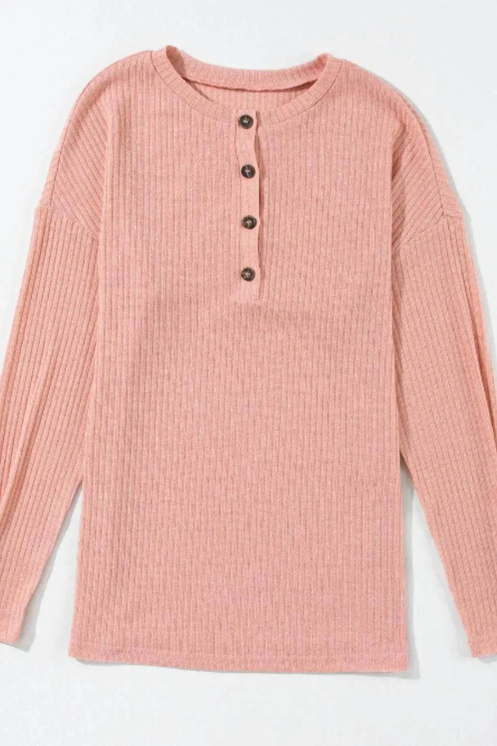 Quarter Button Round Neck Dropped Shoulder Knit Top - Bona Fide Fashion