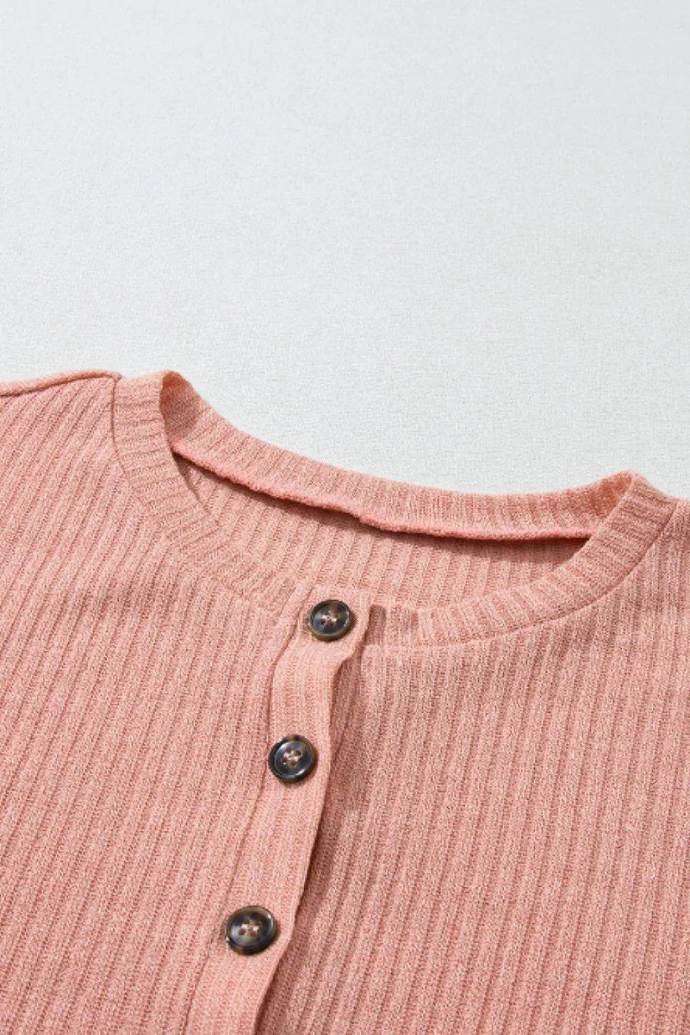 Quarter Button Round Neck Dropped Shoulder Knit Top - Bona Fide Fashion