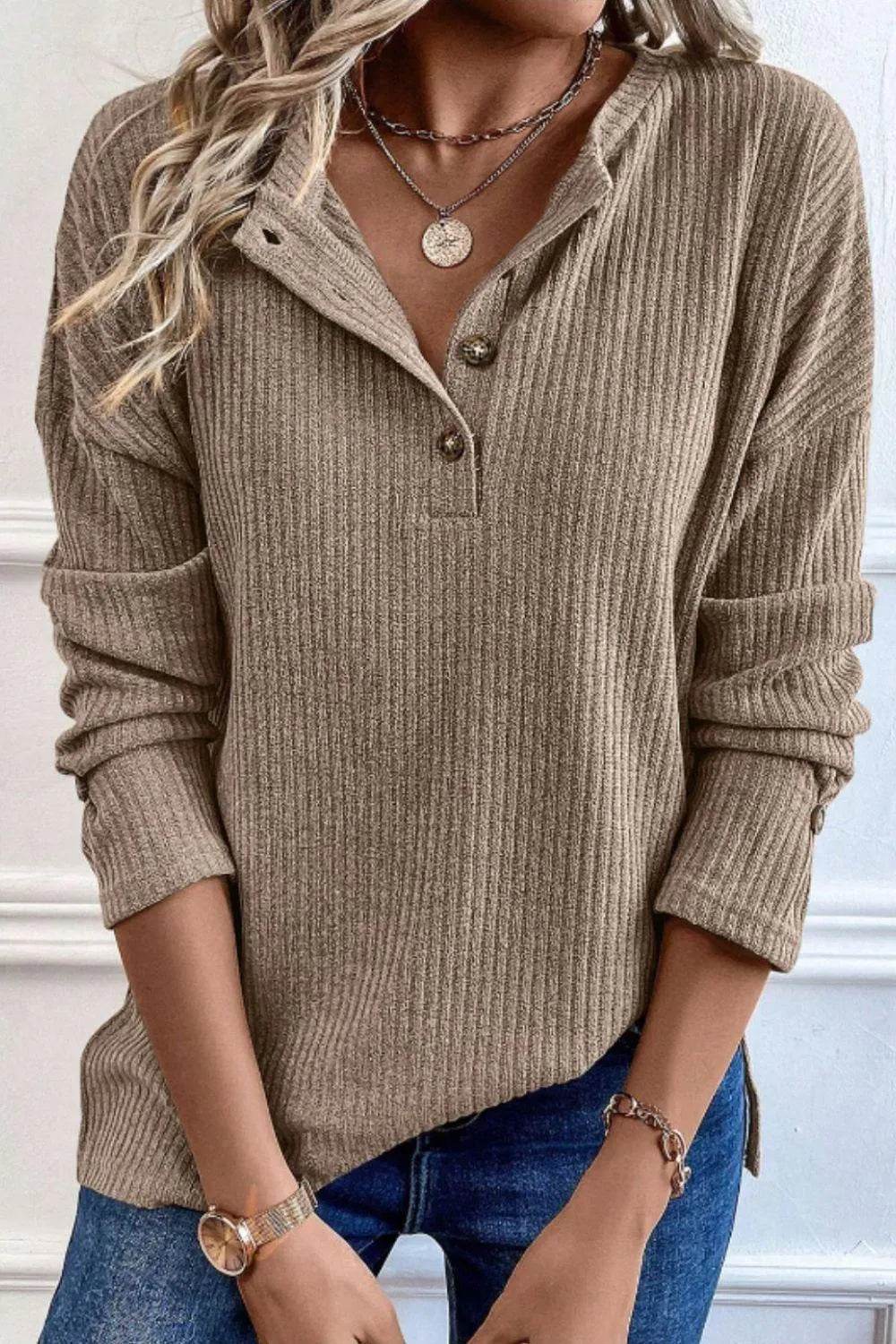 Quarter Button Round Neck Dropped Shoulder Knit Top - Bona Fide Fashion
