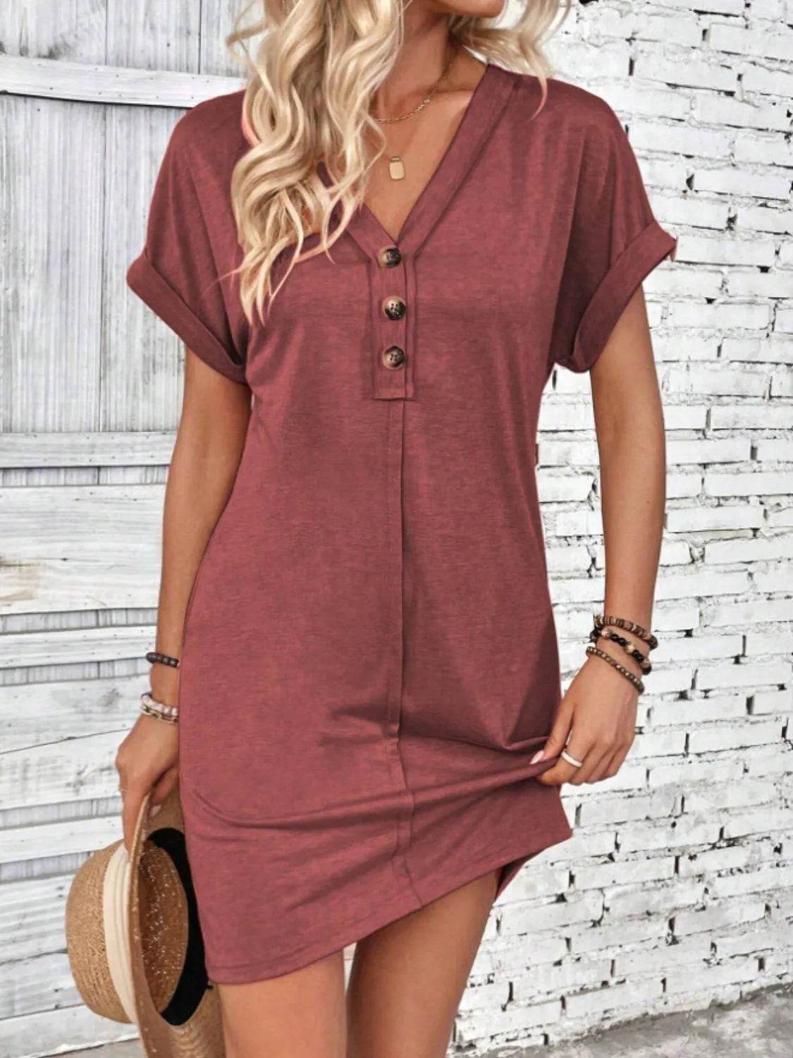Quarter Button V-Neck Short Sleeve Dress - Bona Fide Fashion