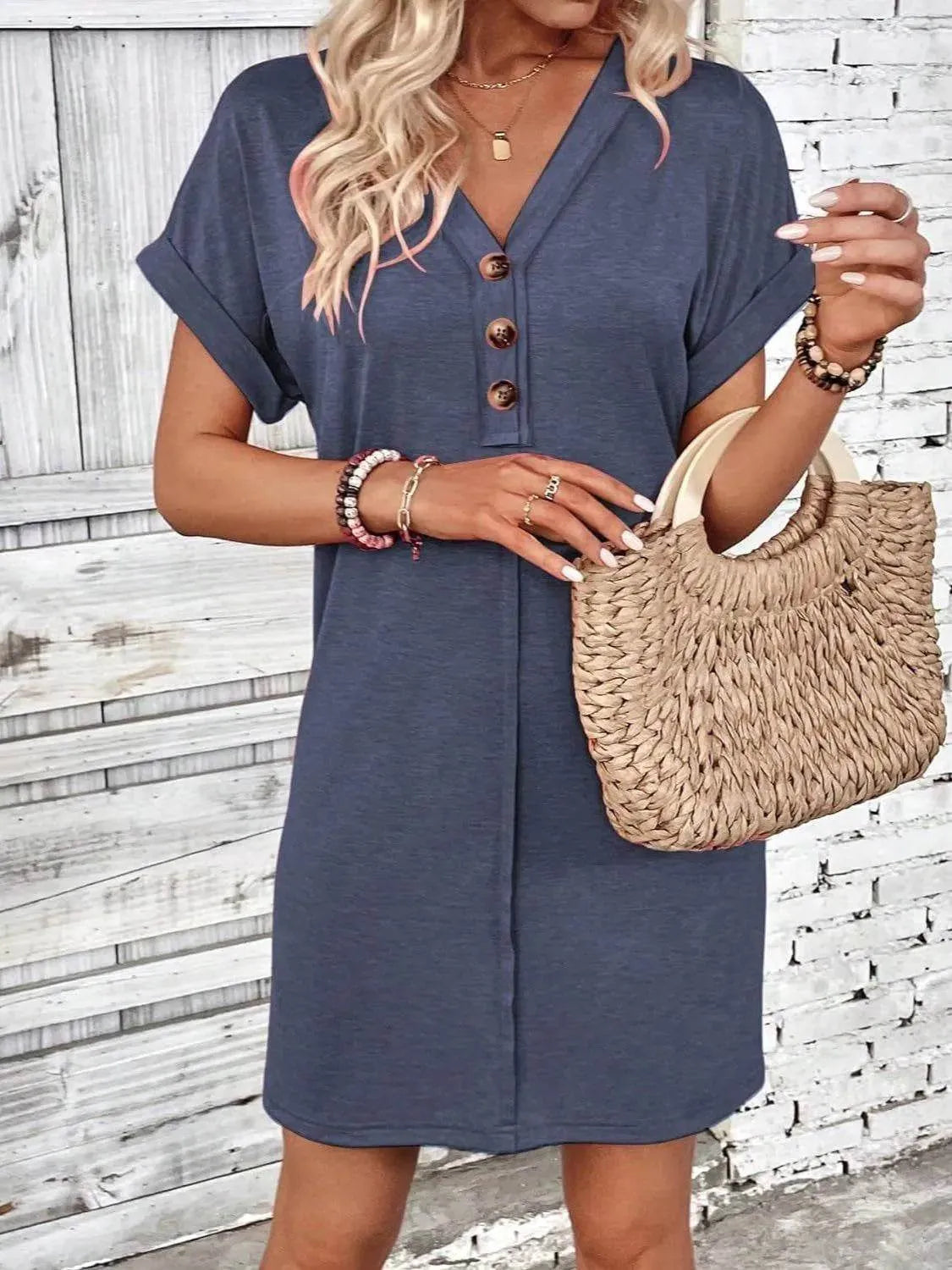 Quarter Button V-Neck Short Sleeve Dress - Bona Fide Fashion