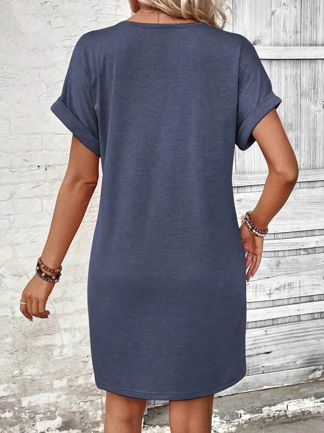 Quarter Button V-Neck Short Sleeve Dress - Bona Fide Fashion