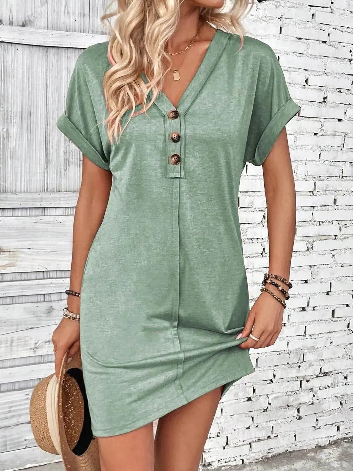 Quarter Button V-Neck Short Sleeve Dress - Bona Fide Fashion
