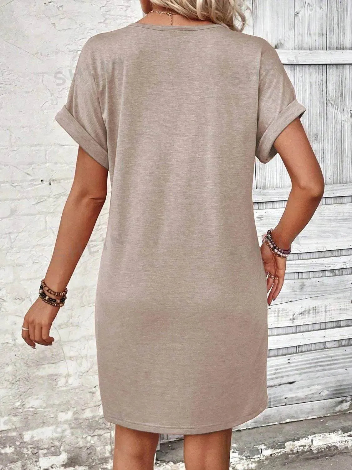 Quarter Button V-Neck Short Sleeve Dress - Bona Fide Fashion