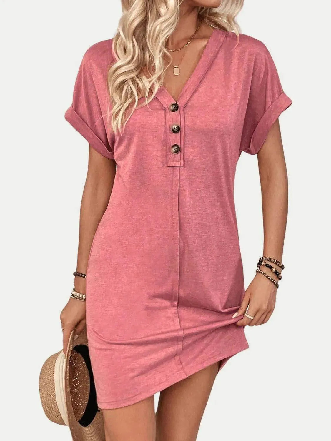 Quarter Button V-Neck Short Sleeve Dress - Bona Fide Fashion