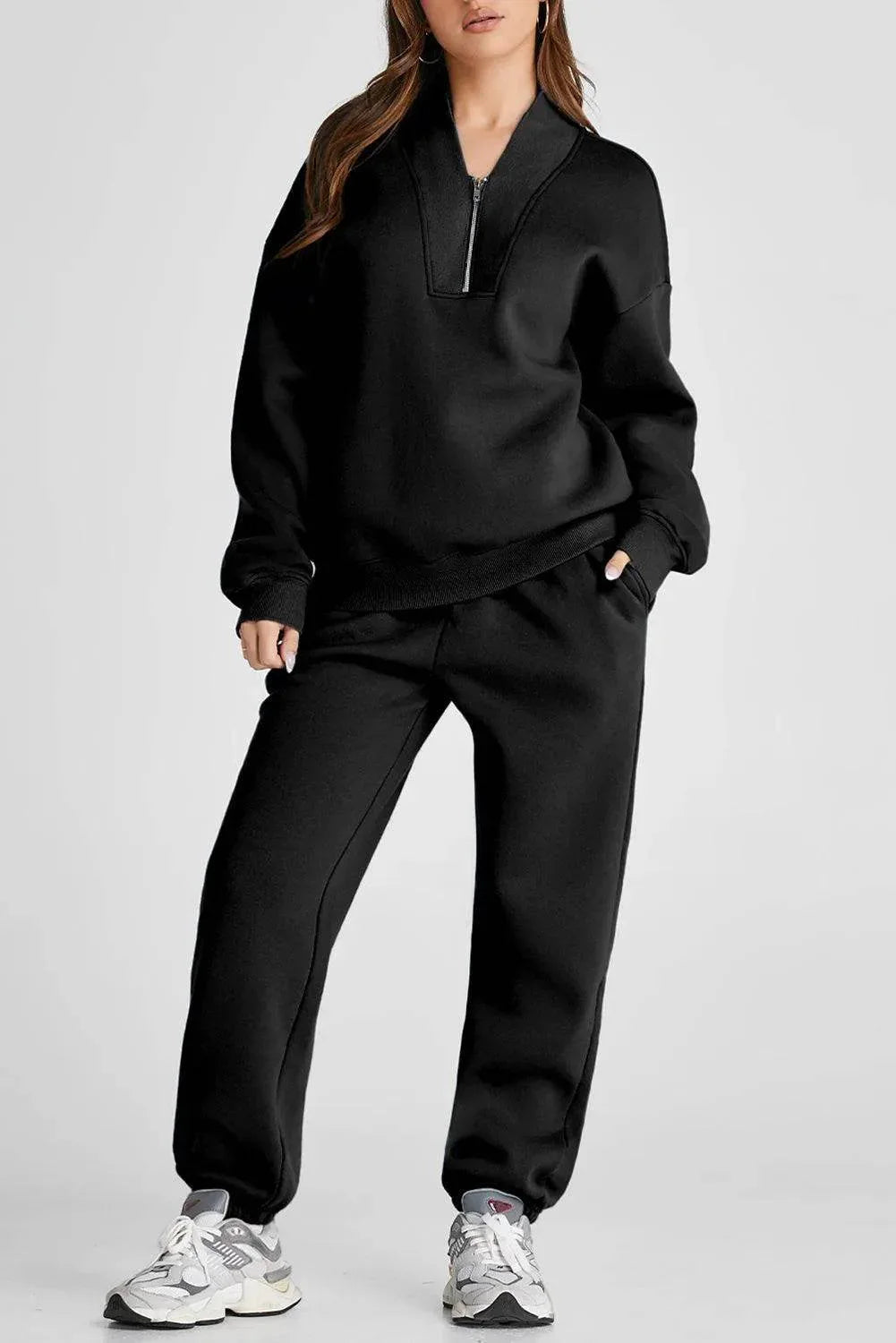 Quarter Zip Long Sleeve Top and Pants Set - Bona Fide Fashion