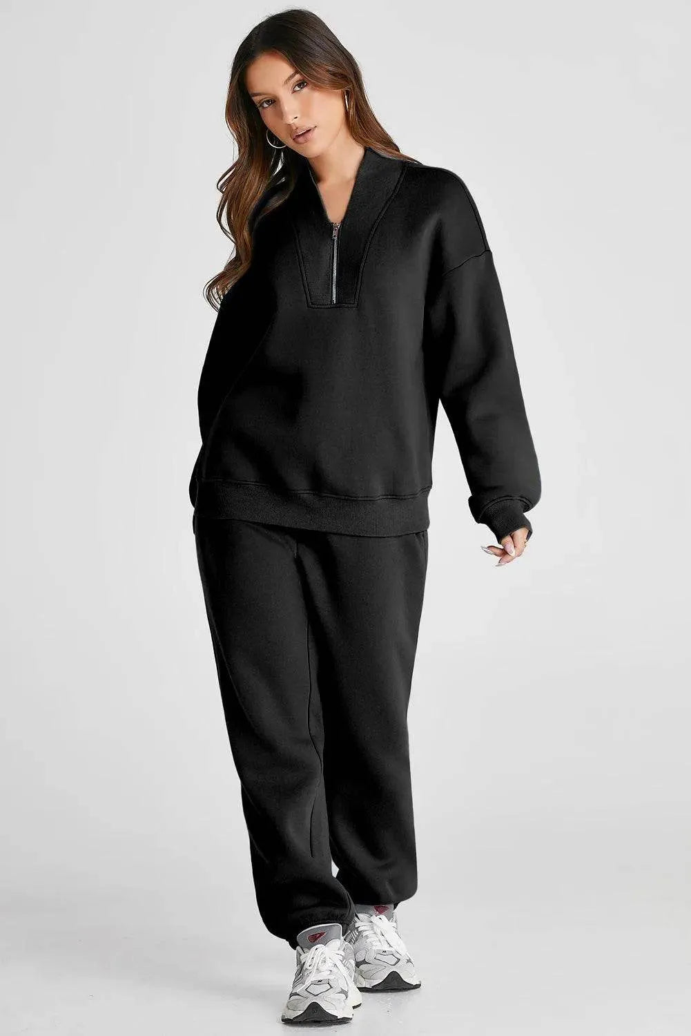 Quarter Zip Long Sleeve Top and Pants Set - Bona Fide Fashion