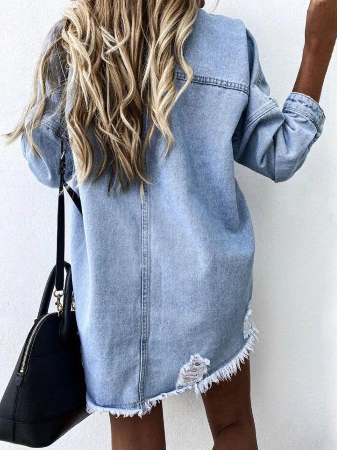 Raw Hem Collared Neck Long Sleeve Denim Jacket - Bona Fide Fashion