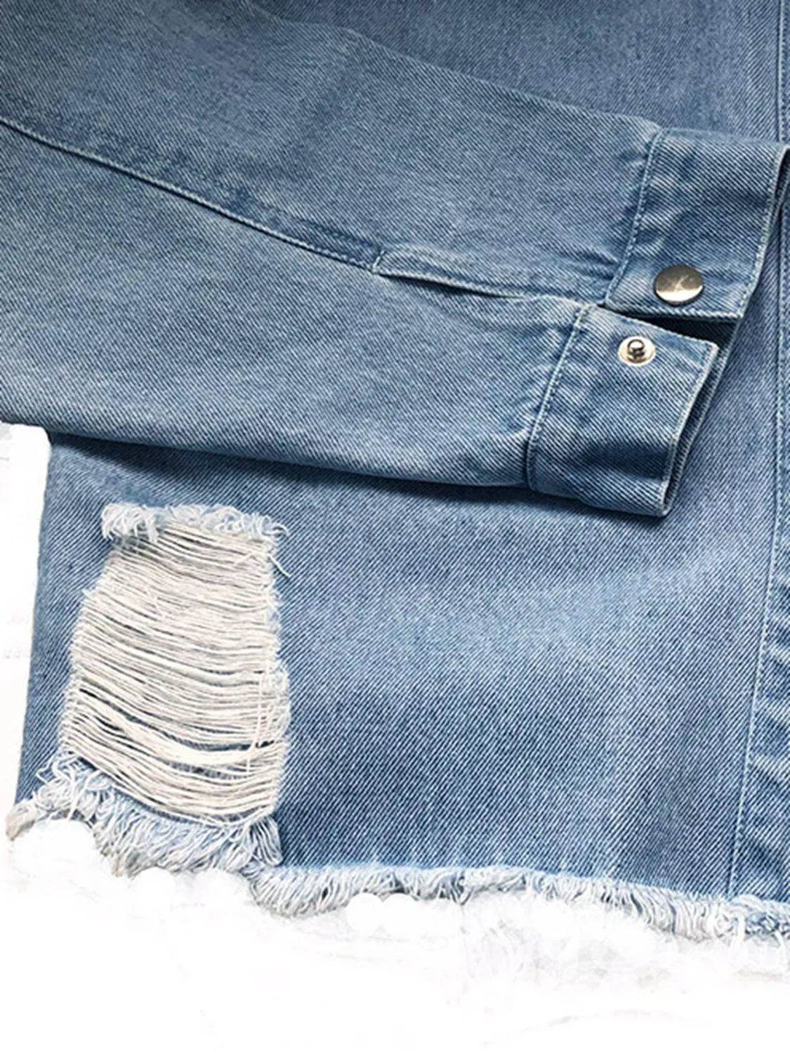 Raw Hem Collared Neck Long Sleeve Denim Jacket - Bona Fide Fashion
