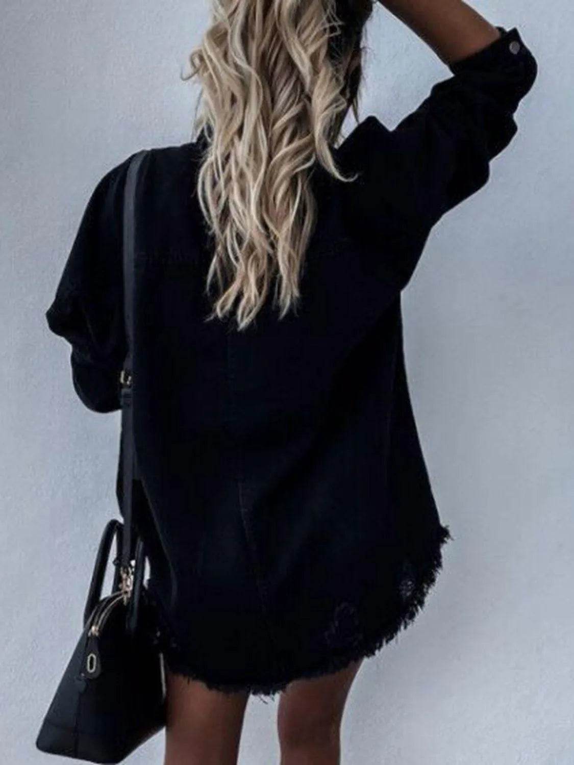 Raw Hem Collared Neck Long Sleeve Denim Jacket - Bona Fide Fashion