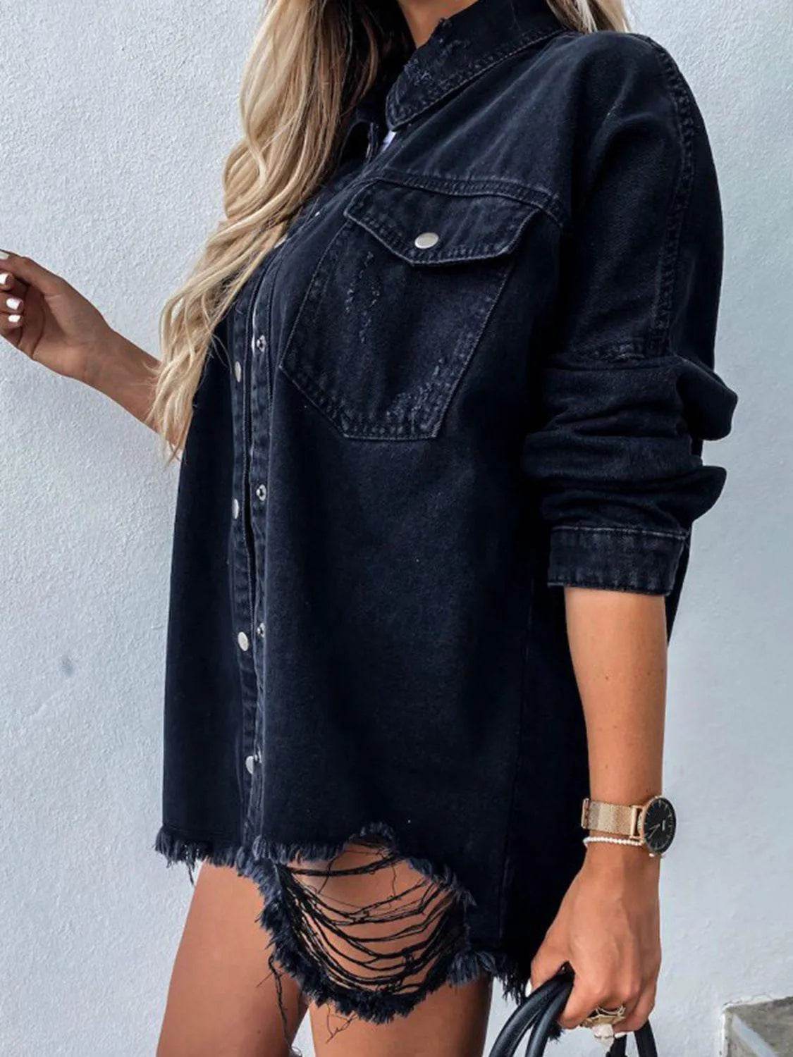Raw Hem Collared Neck Long Sleeve Denim Jacket - Bona Fide Fashion