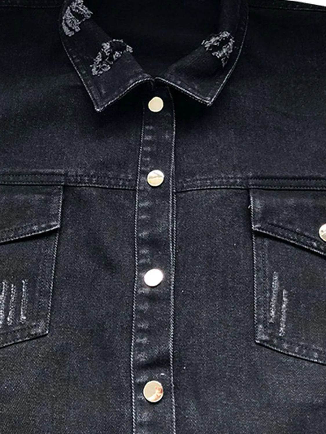 Raw Hem Collared Neck Long Sleeve Denim Jacket - Bona Fide Fashion