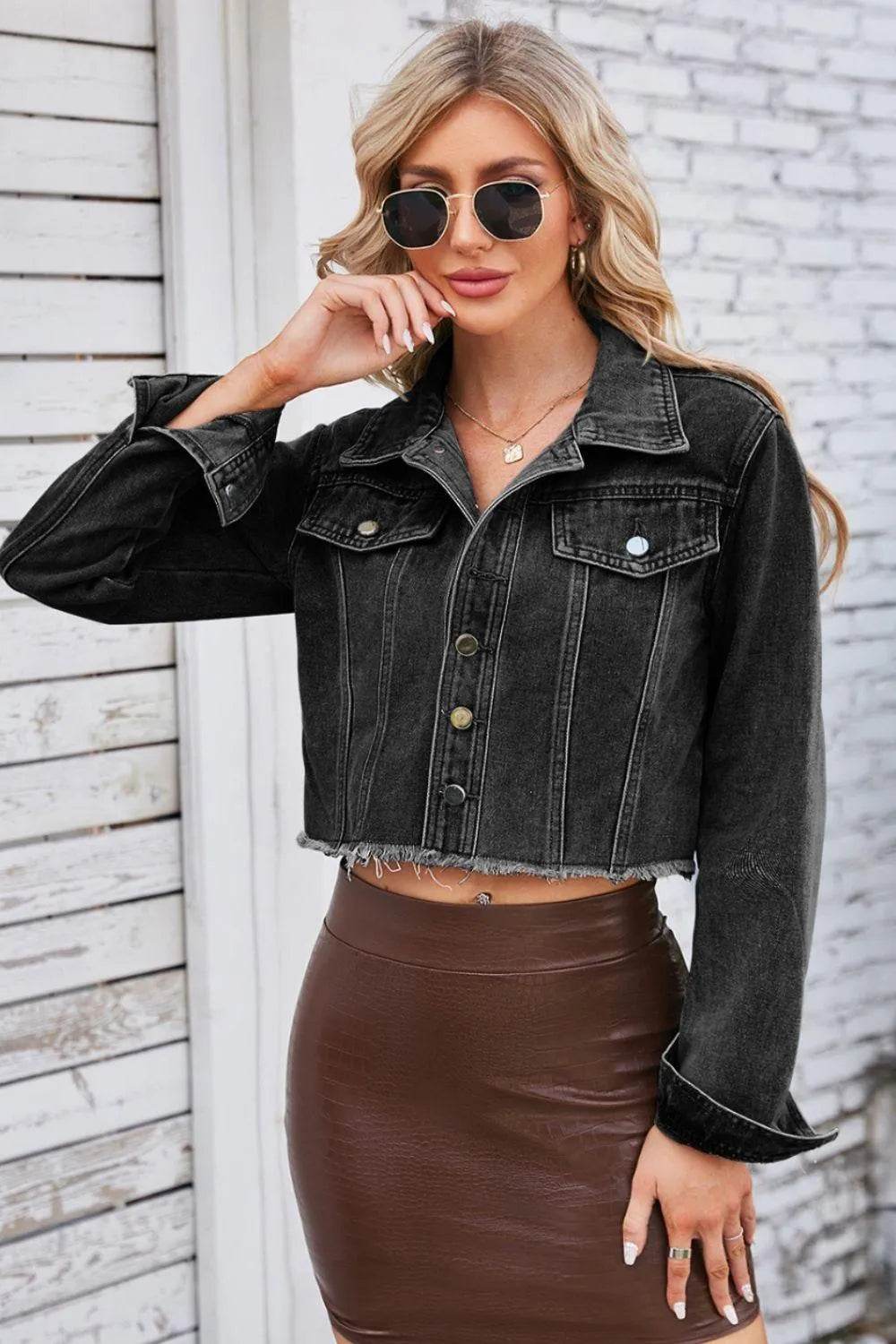 Raw Hem Denim Jacket with Pockets - Bona Fide Fashion