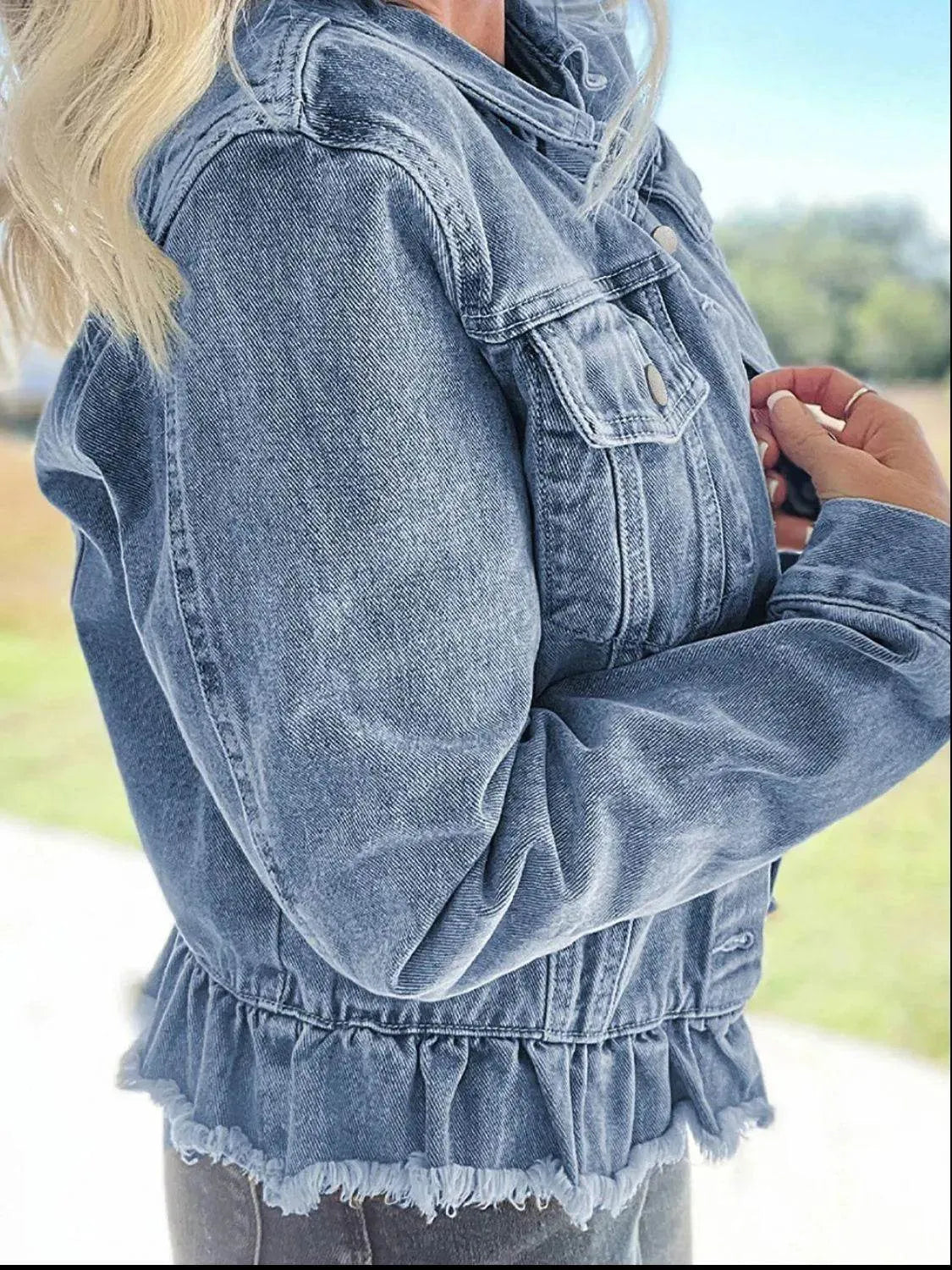 Raw Hem Long Sleeve Denim Jacket - Bona Fide Fashion