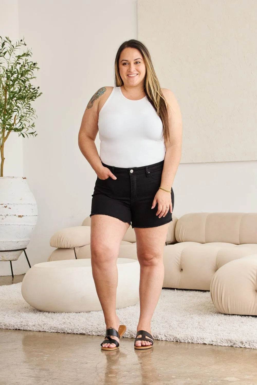 Bona Fide Fashion - Full Size Tummy Control High Waist Denim Shorts - Women Fashion - Bona Fide Fashion