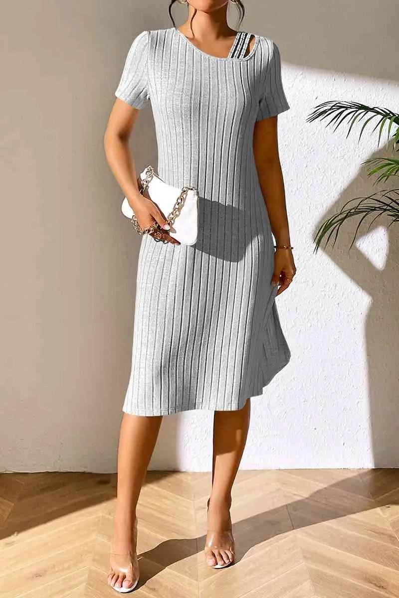 Ribbed Asymmetrical Neck Short Sleeve Dress - Bona Fide Fashion