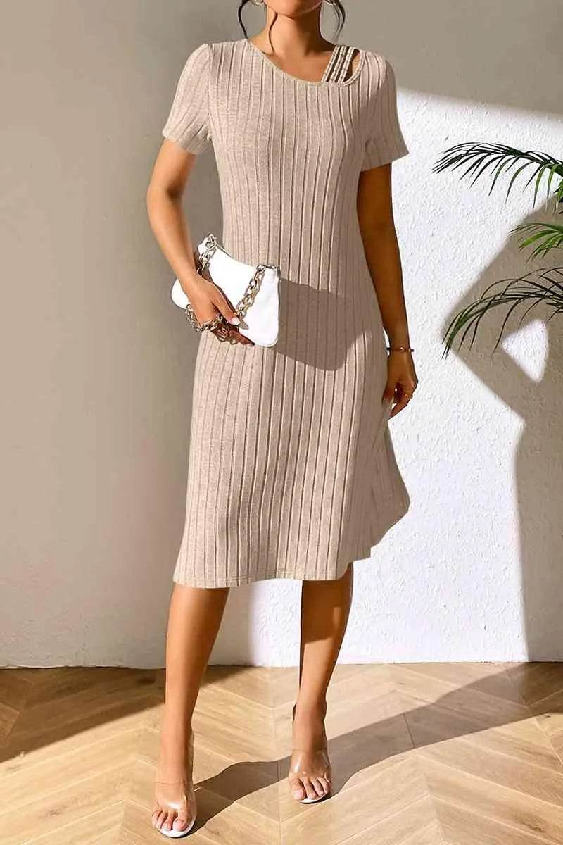 Ribbed Asymmetrical Neck Short Sleeve Dress - Bona Fide Fashion