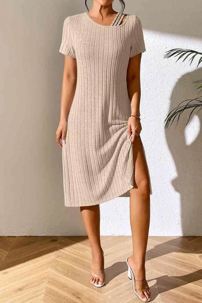 Ribbed Asymmetrical Neck Short Sleeve Dress - Bona Fide Fashion