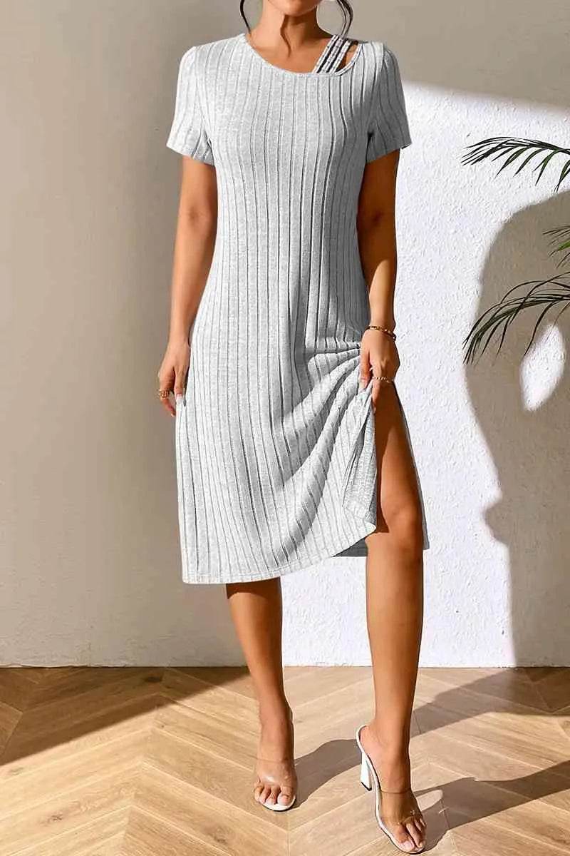 Ribbed Asymmetrical Neck Short Sleeve Dress - Bona Fide Fashion
