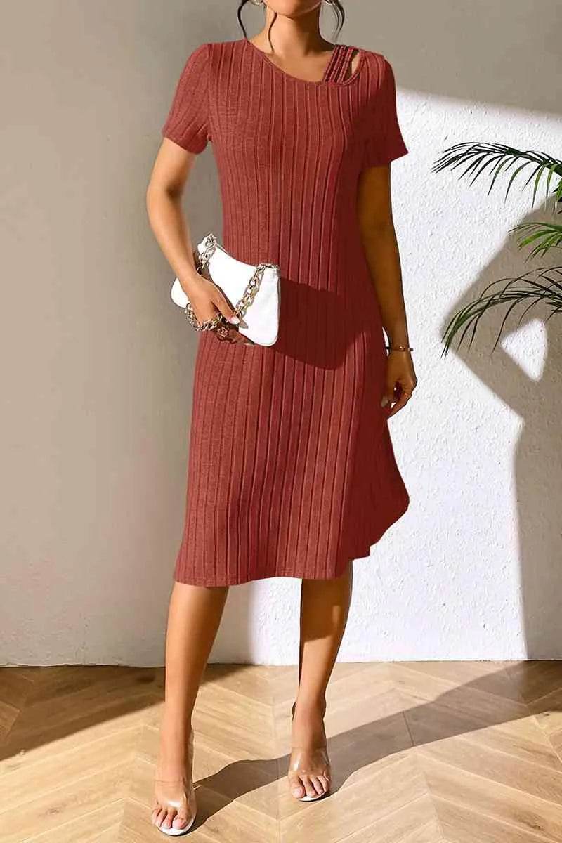 Ribbed Asymmetrical Neck Short Sleeve Dress - Bona Fide Fashion