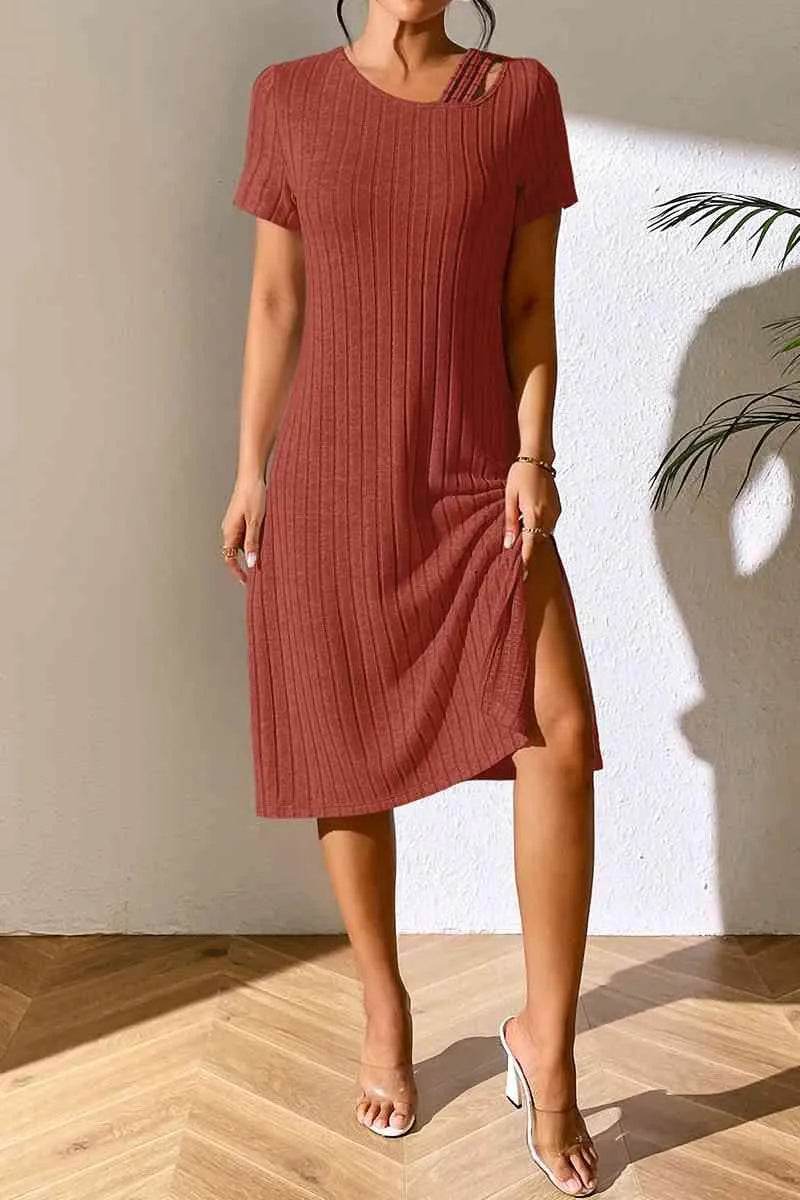 Ribbed Asymmetrical Neck Short Sleeve Dress - Bona Fide Fashion