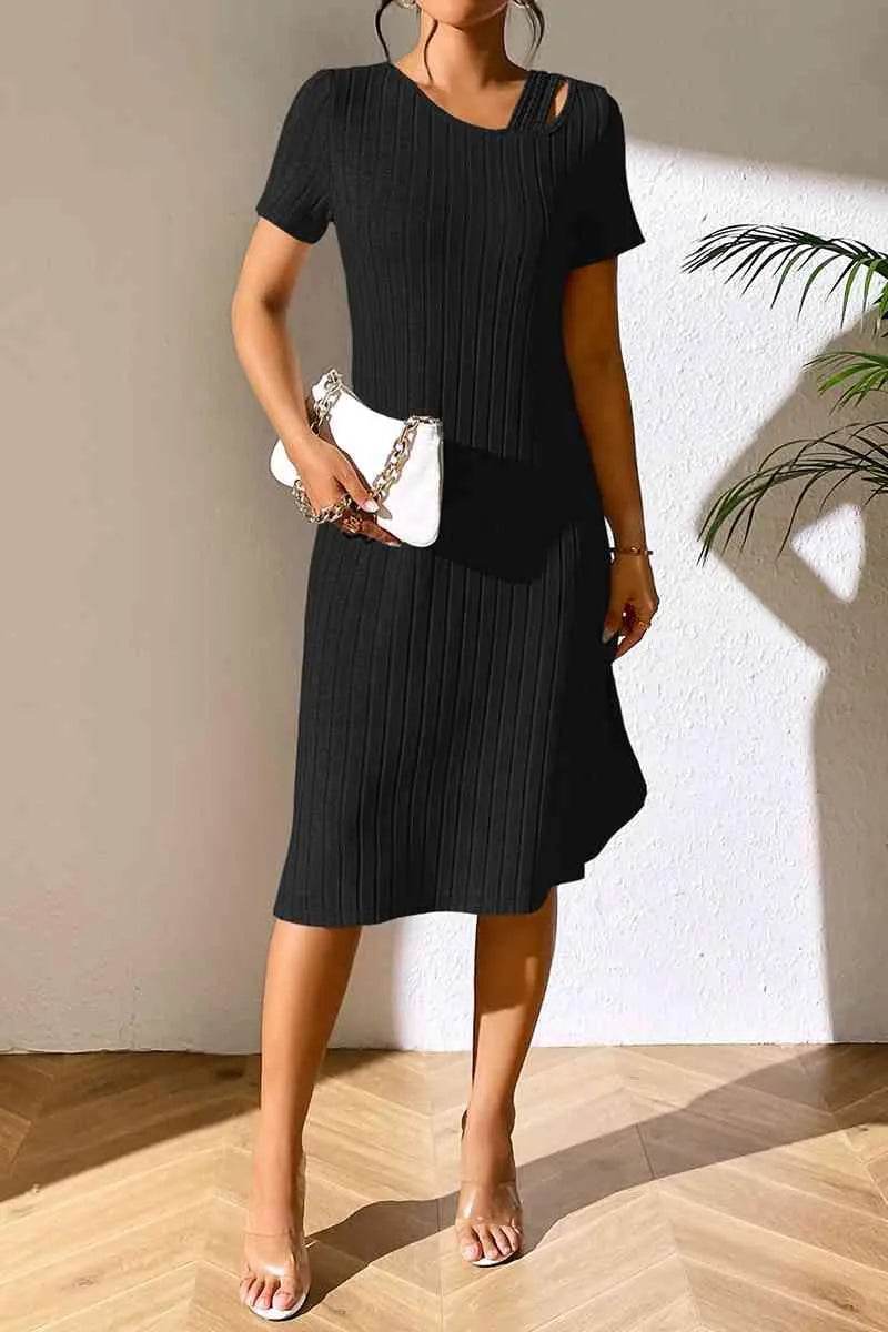 Ribbed Asymmetrical Neck Short Sleeve Dress - Bona Fide Fashion