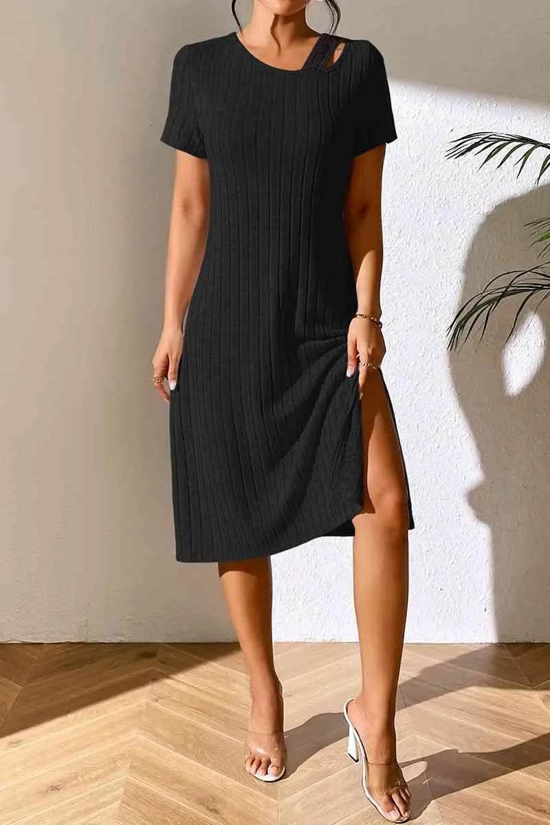 Ribbed Asymmetrical Neck Short Sleeve Dress - Bona Fide Fashion