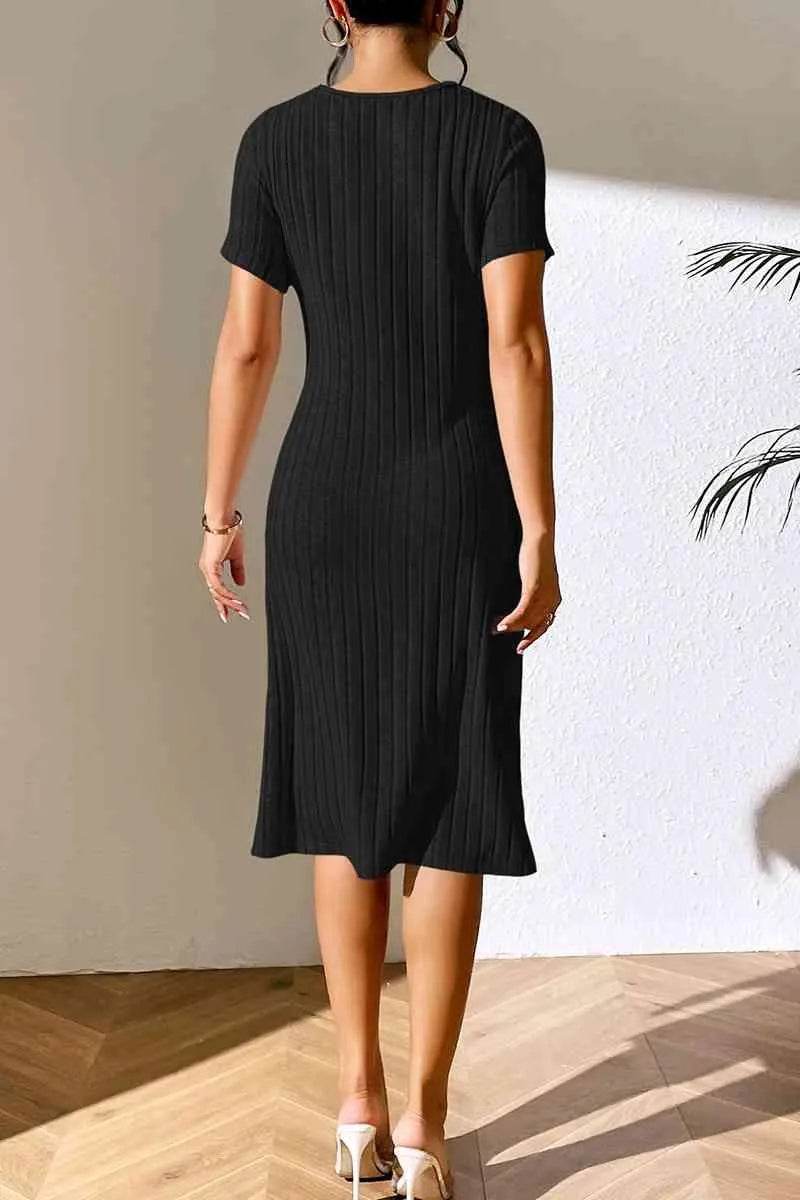 Ribbed Asymmetrical Neck Short Sleeve Dress - Bona Fide Fashion
