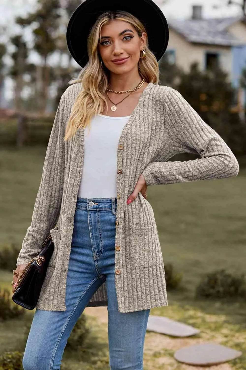 Ribbed Button-Up Cardigan with Pockets - Bona Fide Fashion