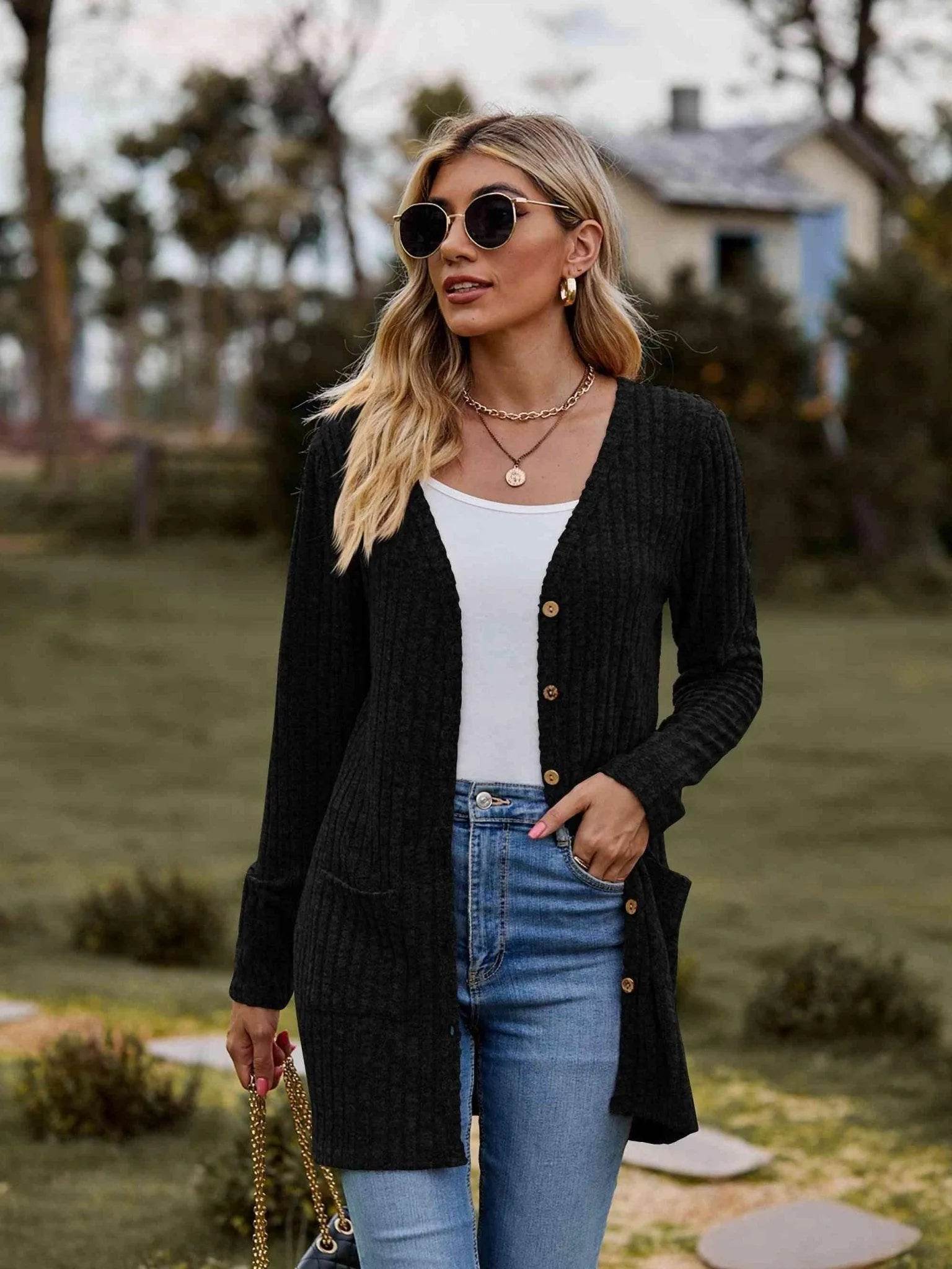 Ribbed Button-Up Cardigan with Pockets - Bona Fide Fashion