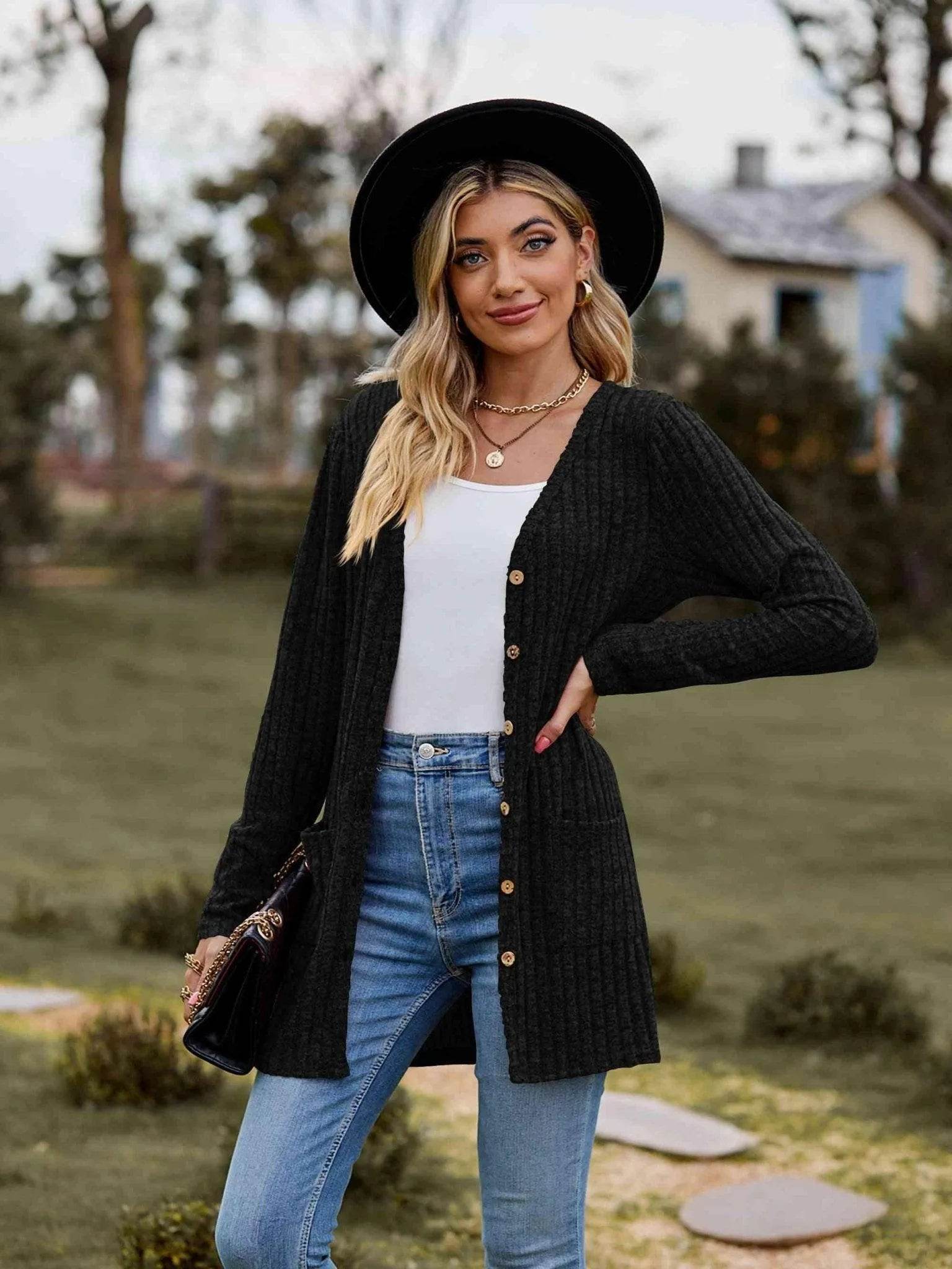 Ribbed Button-Up Cardigan with Pockets - Bona Fide Fashion