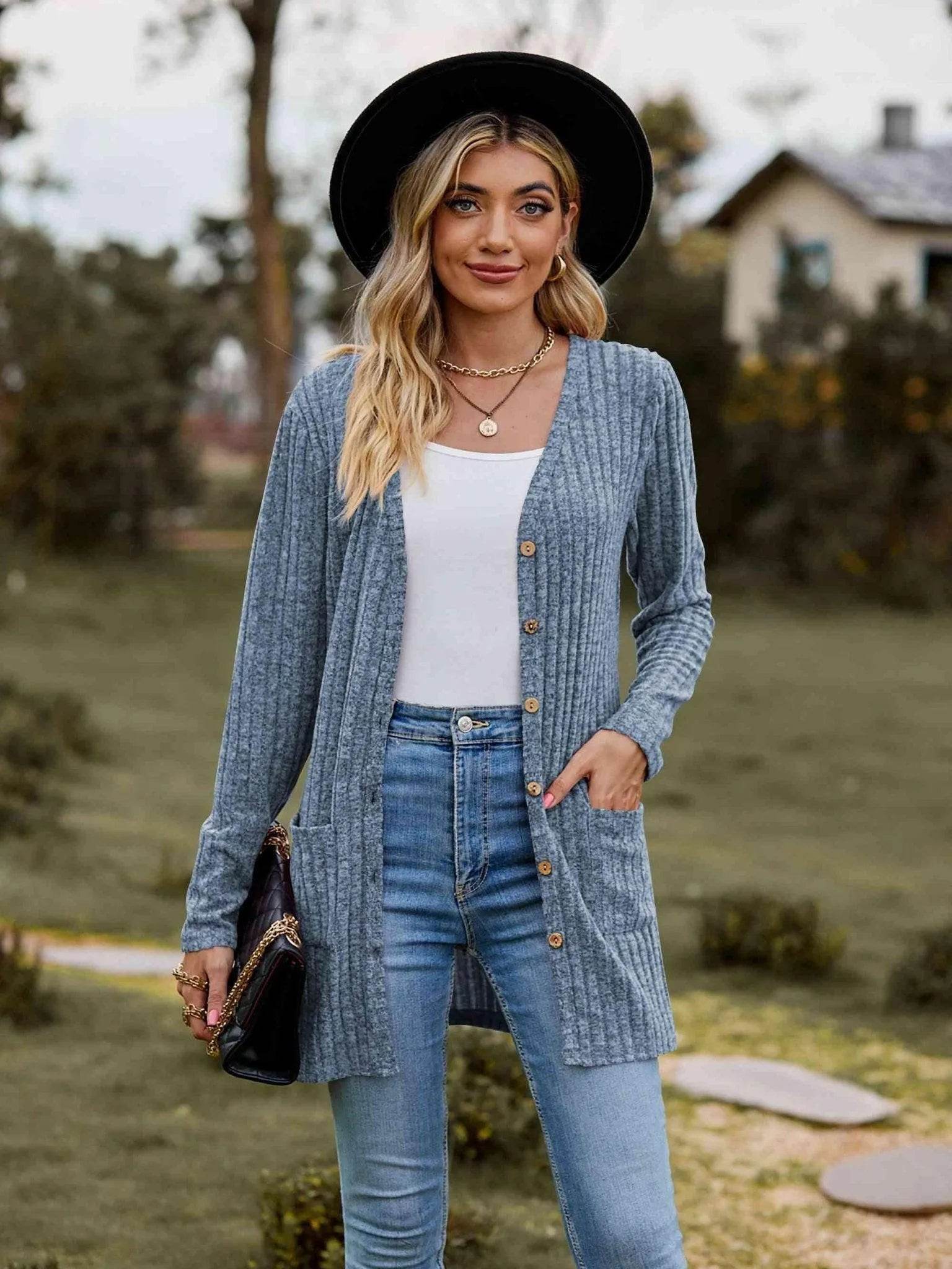 Ribbed Button-Up Cardigan with Pockets - Bona Fide Fashion