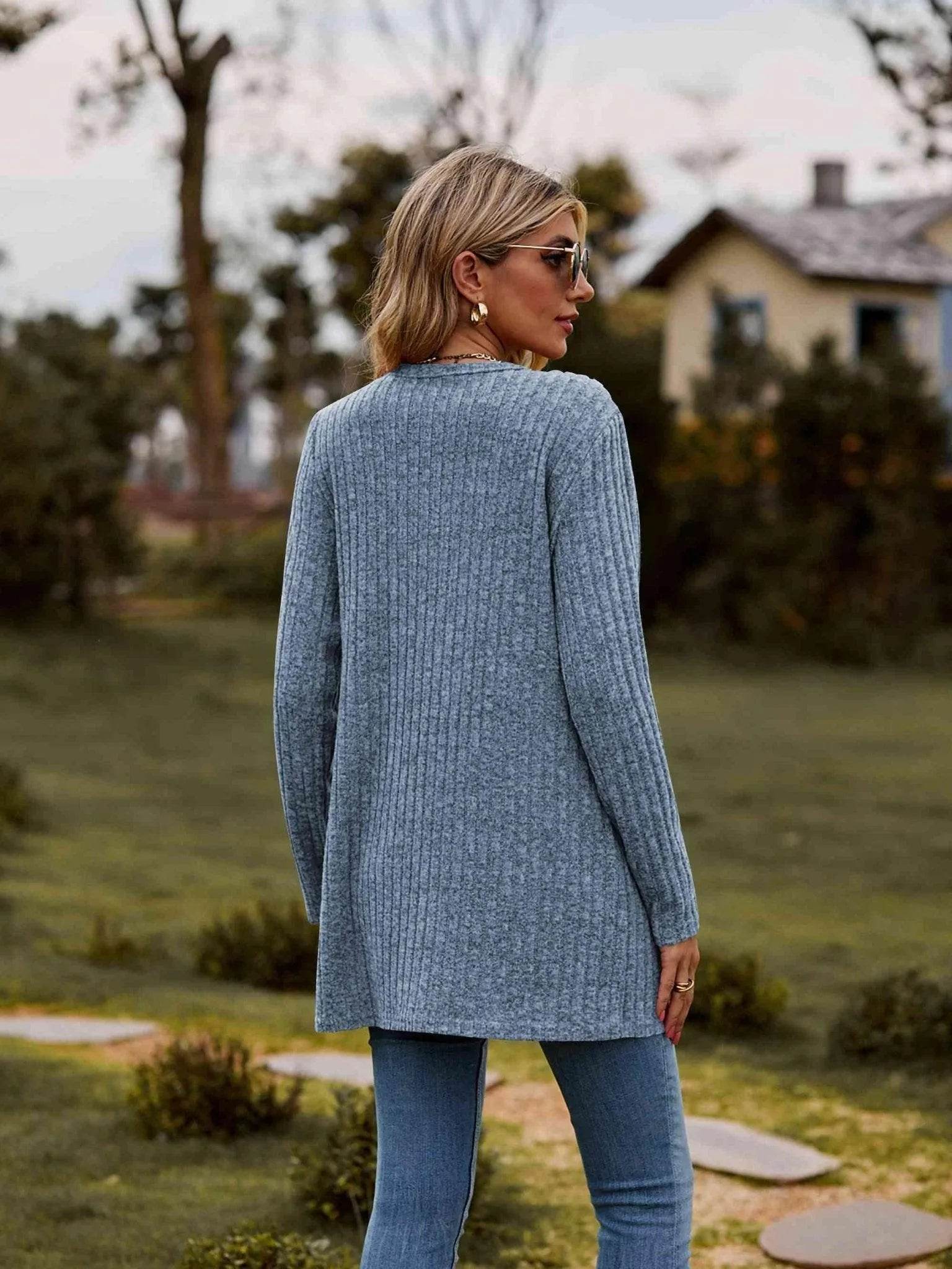 Ribbed Button-Up Cardigan with Pockets - Bona Fide Fashion