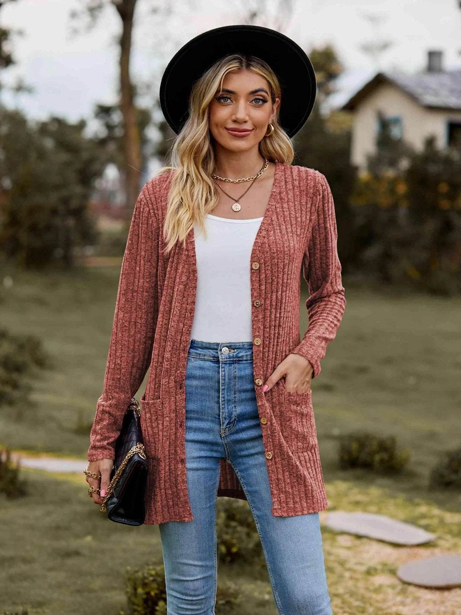 Ribbed Button-Up Cardigan with Pockets - Bona Fide Fashion