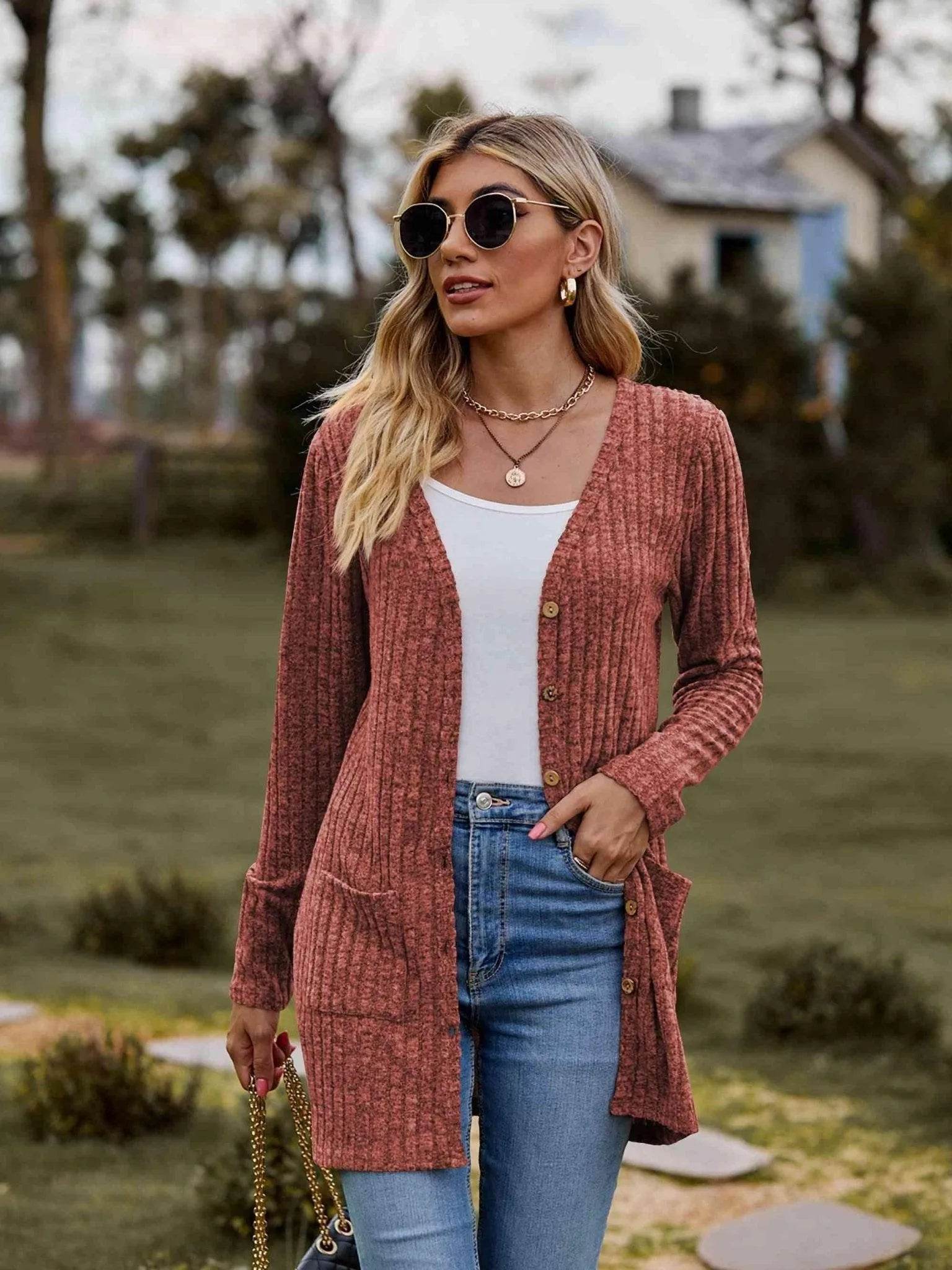Ribbed Button-Up Cardigan with Pockets - Bona Fide Fashion