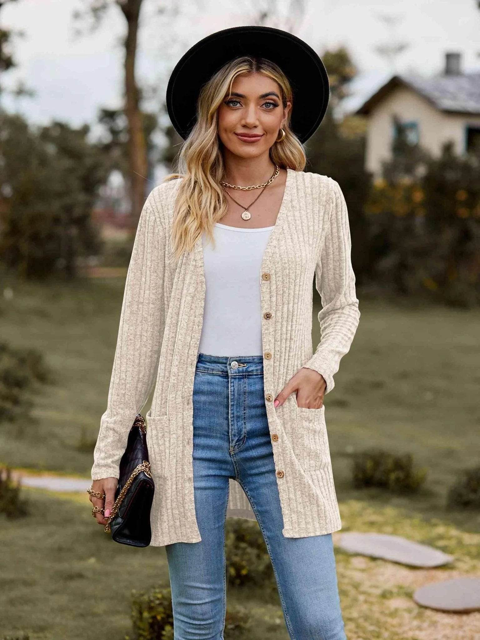 Ribbed Button-Up Cardigan with Pockets - Bona Fide Fashion