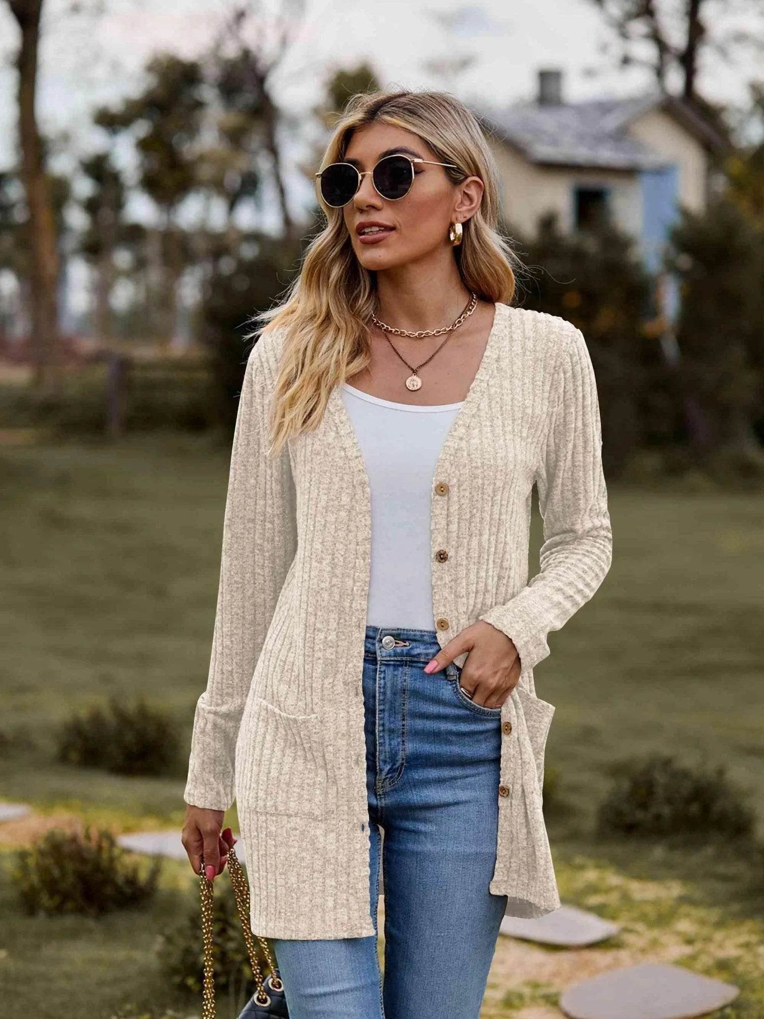 Ribbed Button-Up Cardigan with Pockets - Bona Fide Fashion