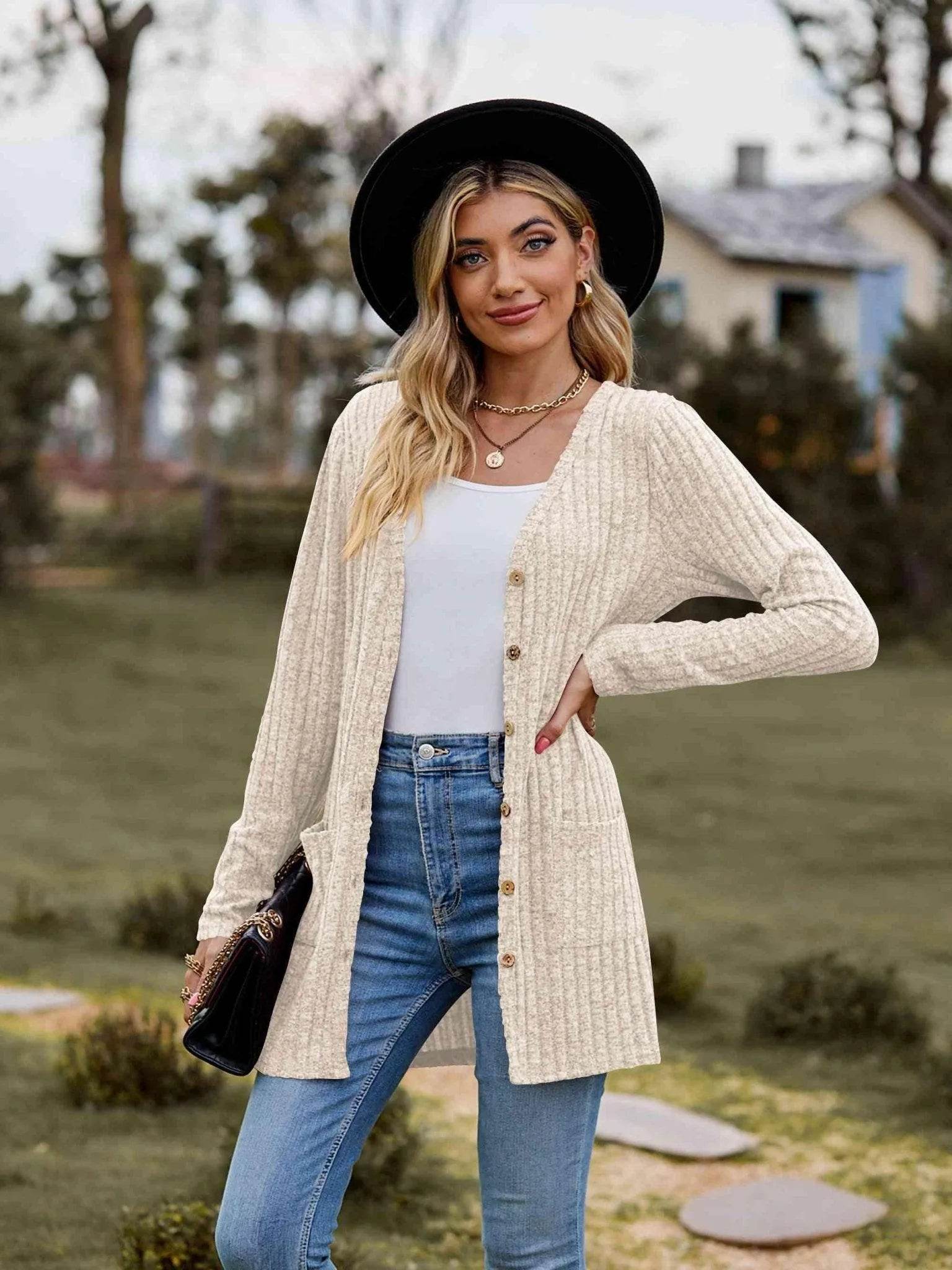 Ribbed Button-Up Cardigan with Pockets - Bona Fide Fashion