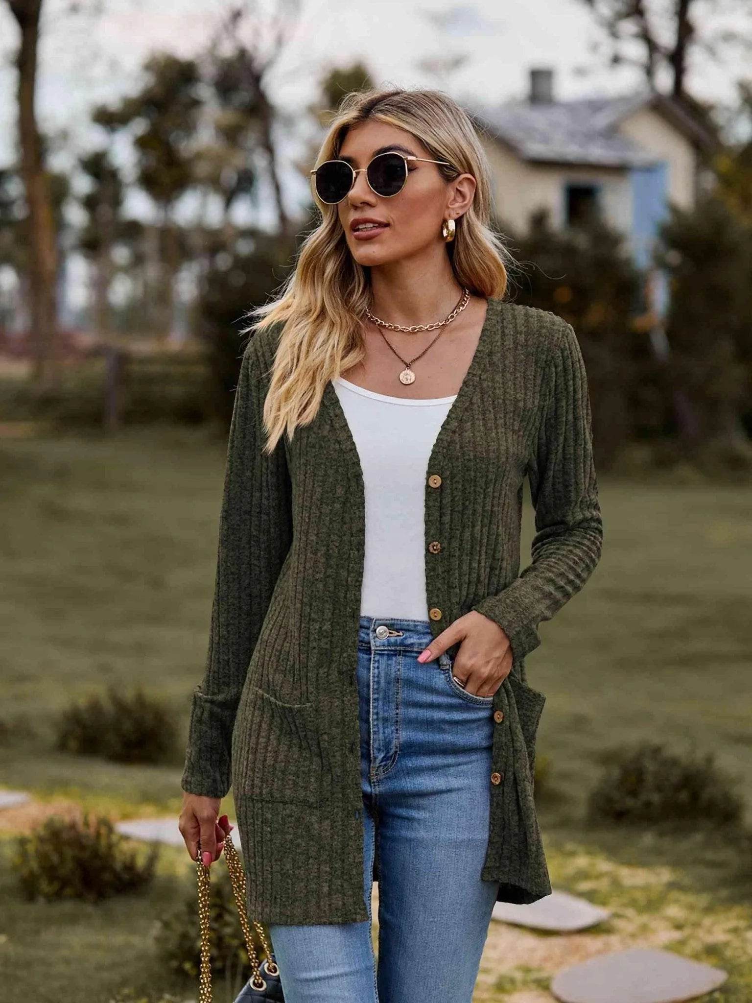 Ribbed Button-Up Cardigan with Pockets - Bona Fide Fashion
