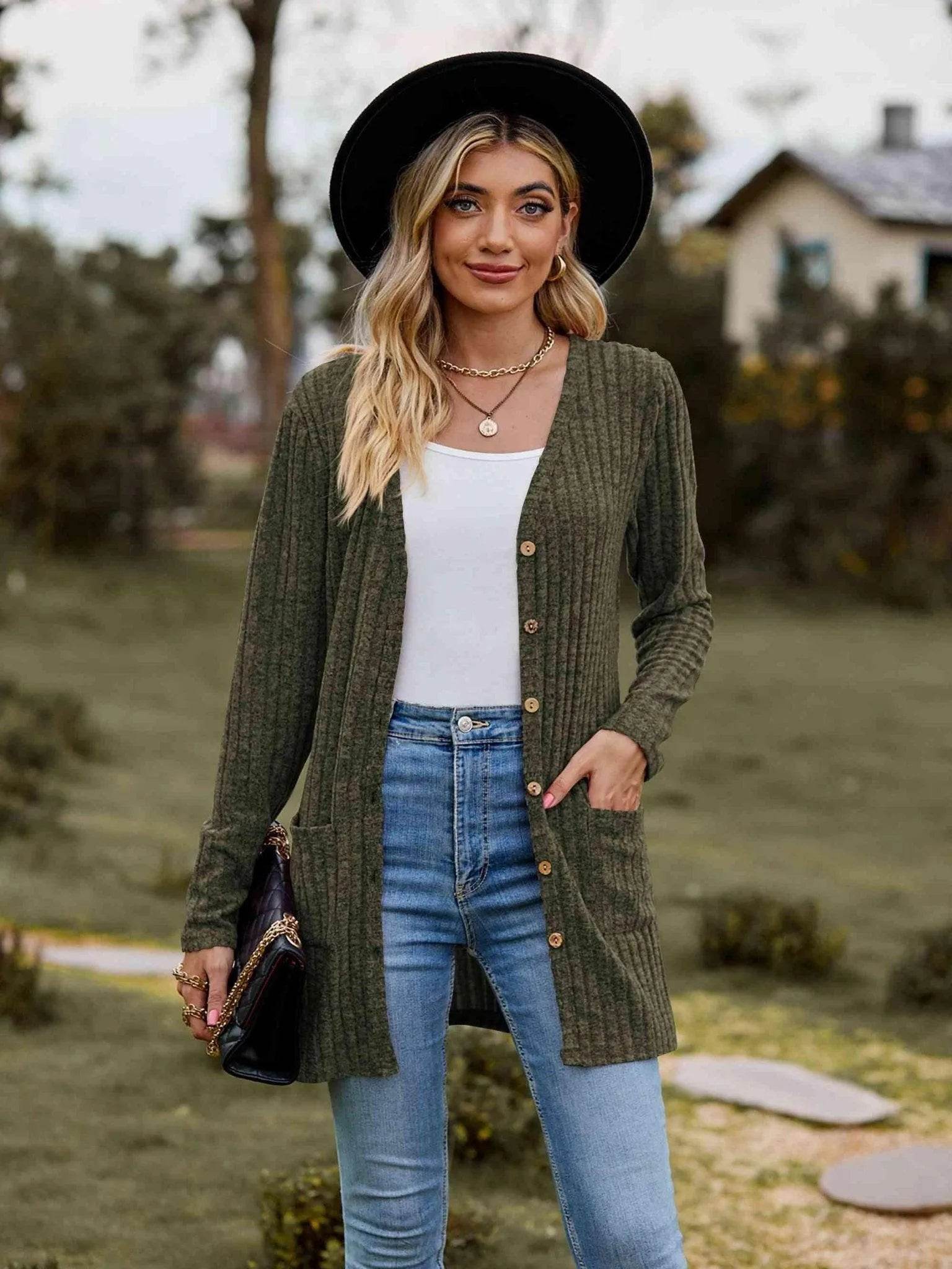 Ribbed Button-Up Cardigan with Pockets - Bona Fide Fashion