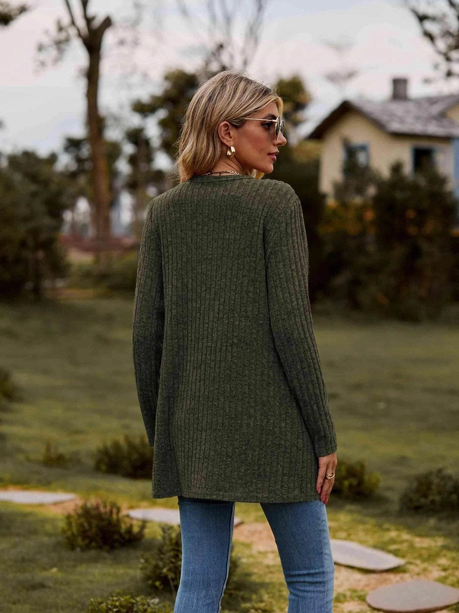 Ribbed Button-Up Cardigan with Pockets - Bona Fide Fashion