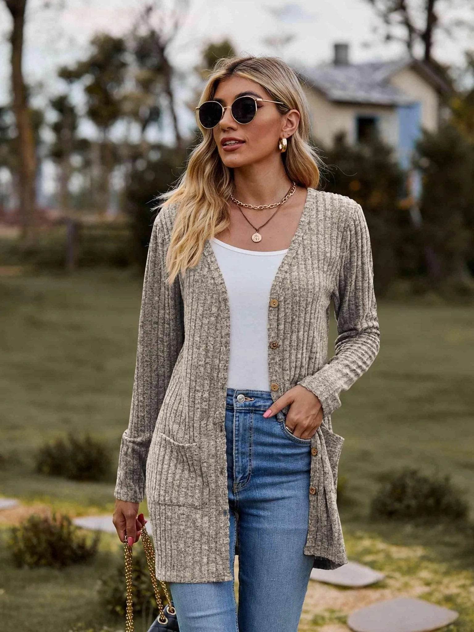 Ribbed Button-Up Cardigan with Pockets - Bona Fide Fashion
