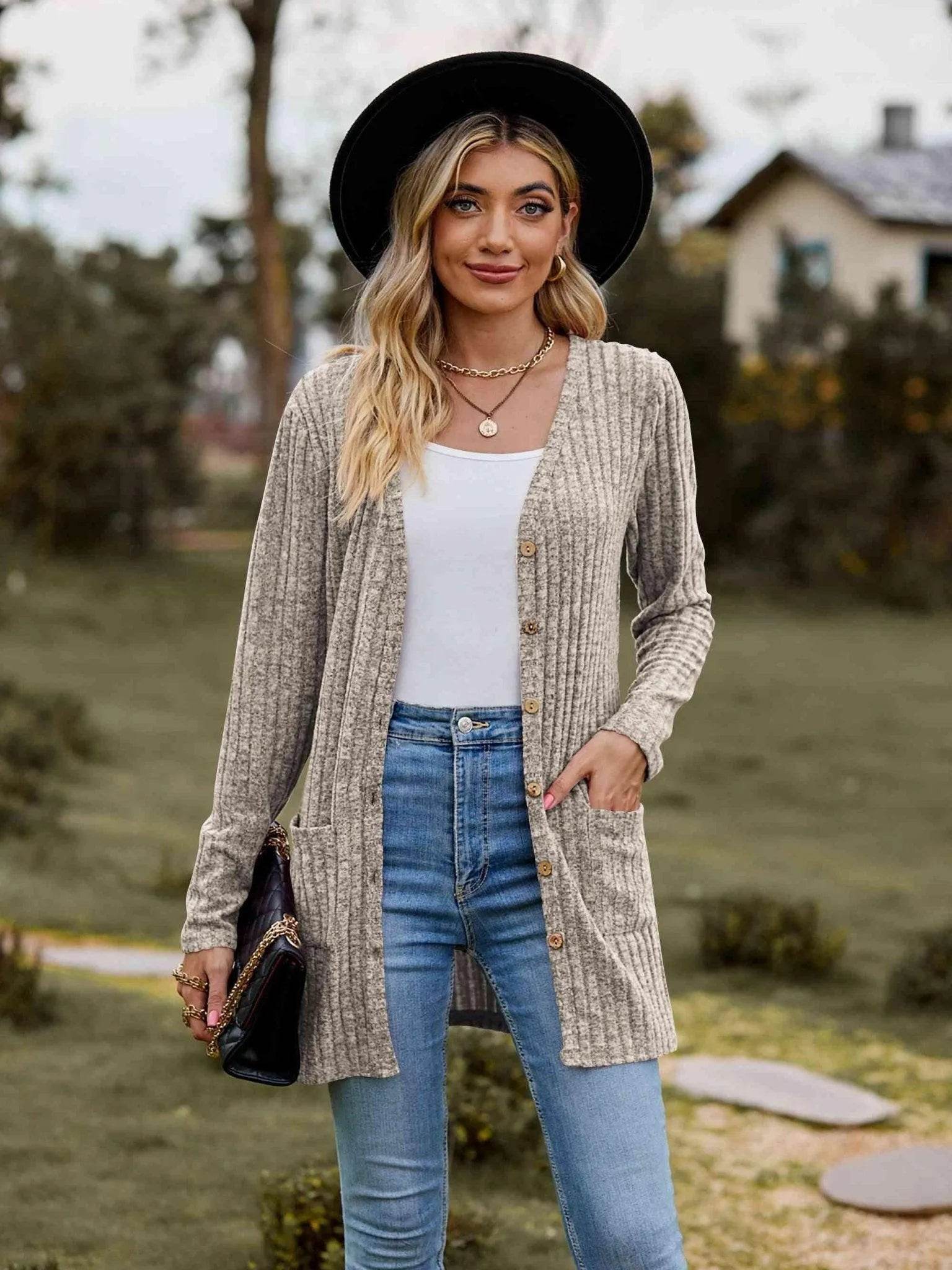 Ribbed Button-Up Cardigan with Pockets - Bona Fide Fashion