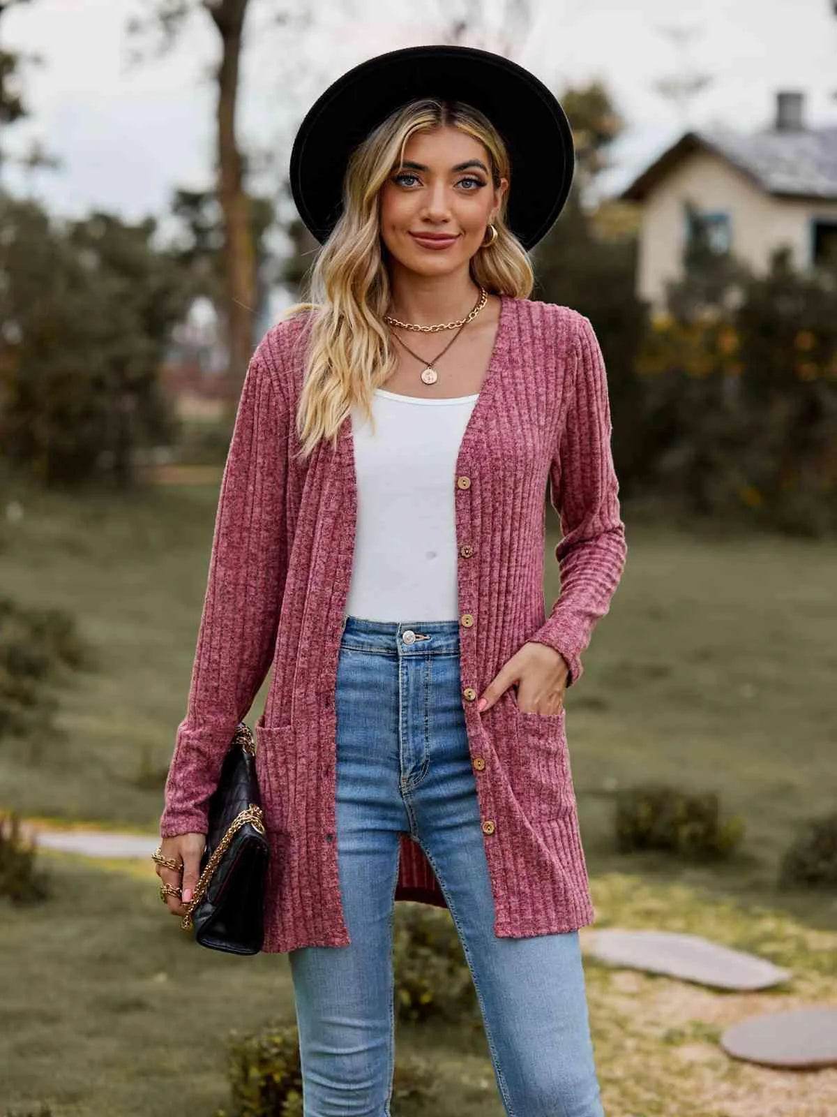 Ribbed Button-Up Cardigan with Pockets - Bona Fide Fashion