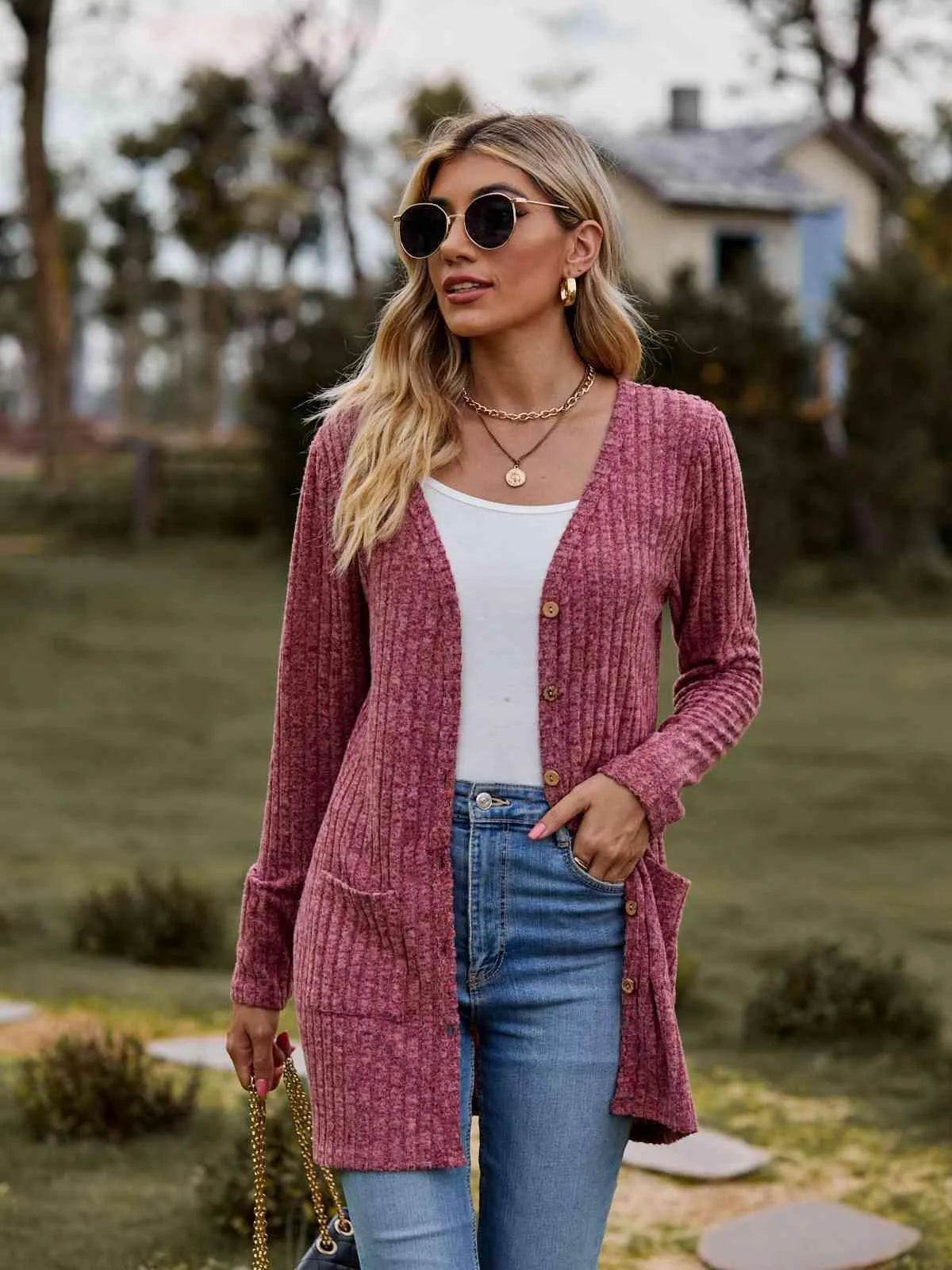 Ribbed Button-Up Cardigan with Pockets - Bona Fide Fashion