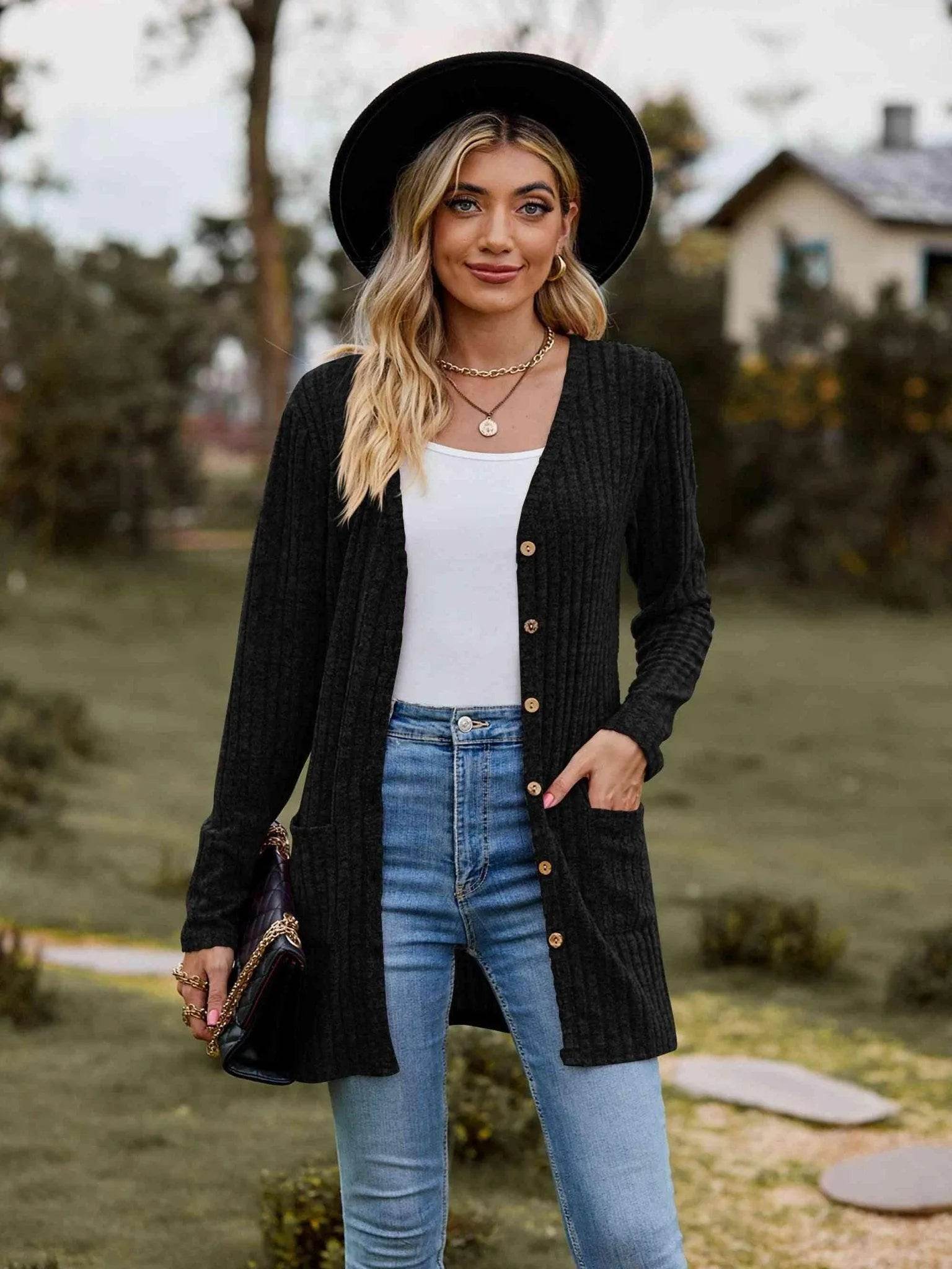 Ribbed Button-Up Cardigan with Pockets - Bona Fide Fashion