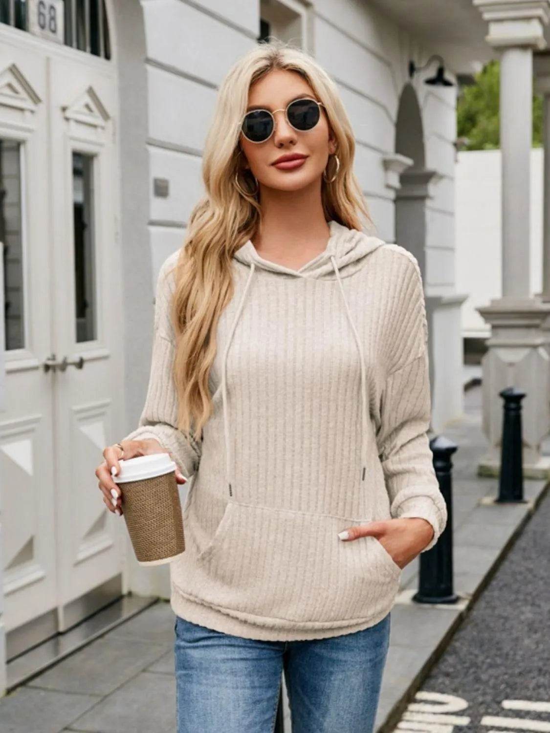 Ribbed Drawstring Long Sleeve Hoodie - Bona Fide Fashion
