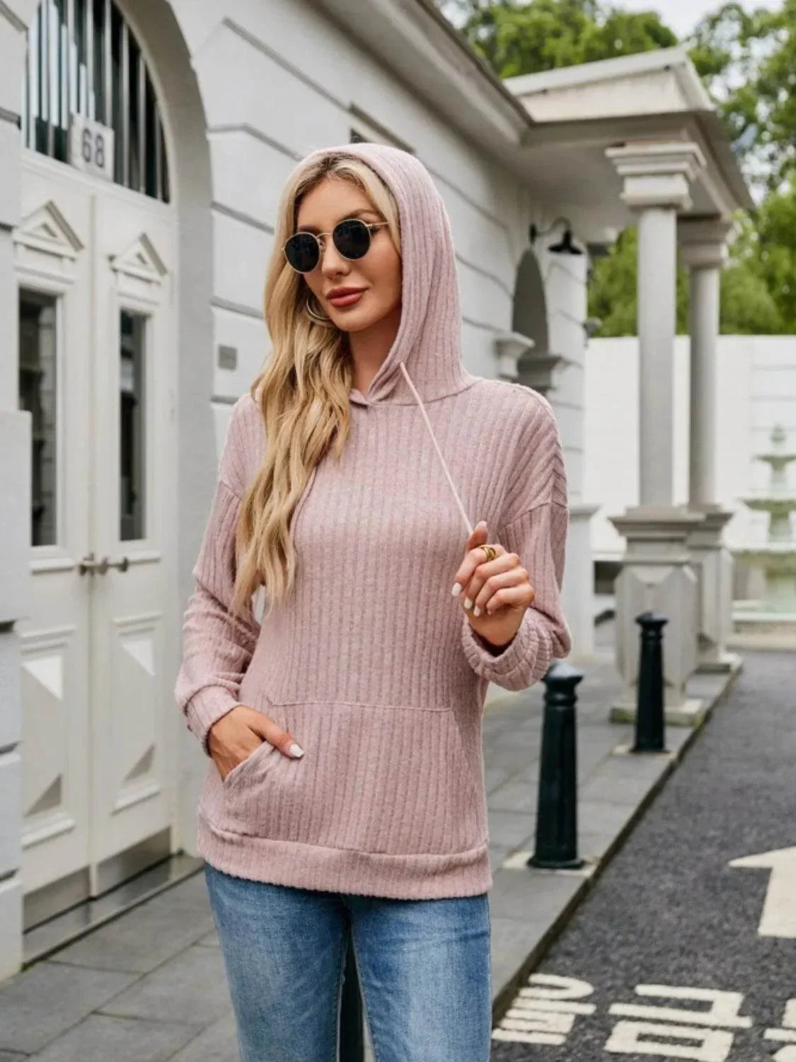 Ribbed Drawstring Long Sleeve Hoodie - Bona Fide Fashion