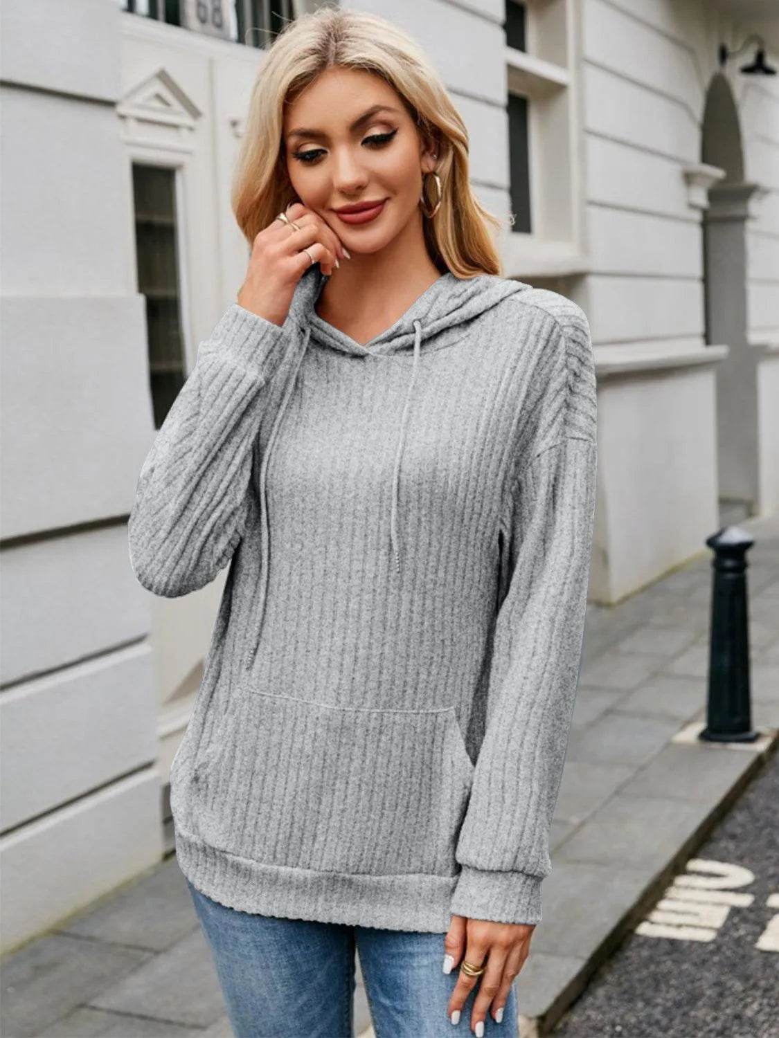 Ribbed Drawstring Long Sleeve Hoodie - Bona Fide Fashion